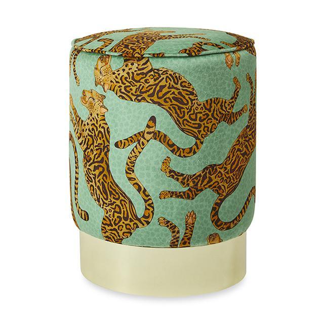 Cheetah Kings Velvet Pouf on Gold Base - Jade