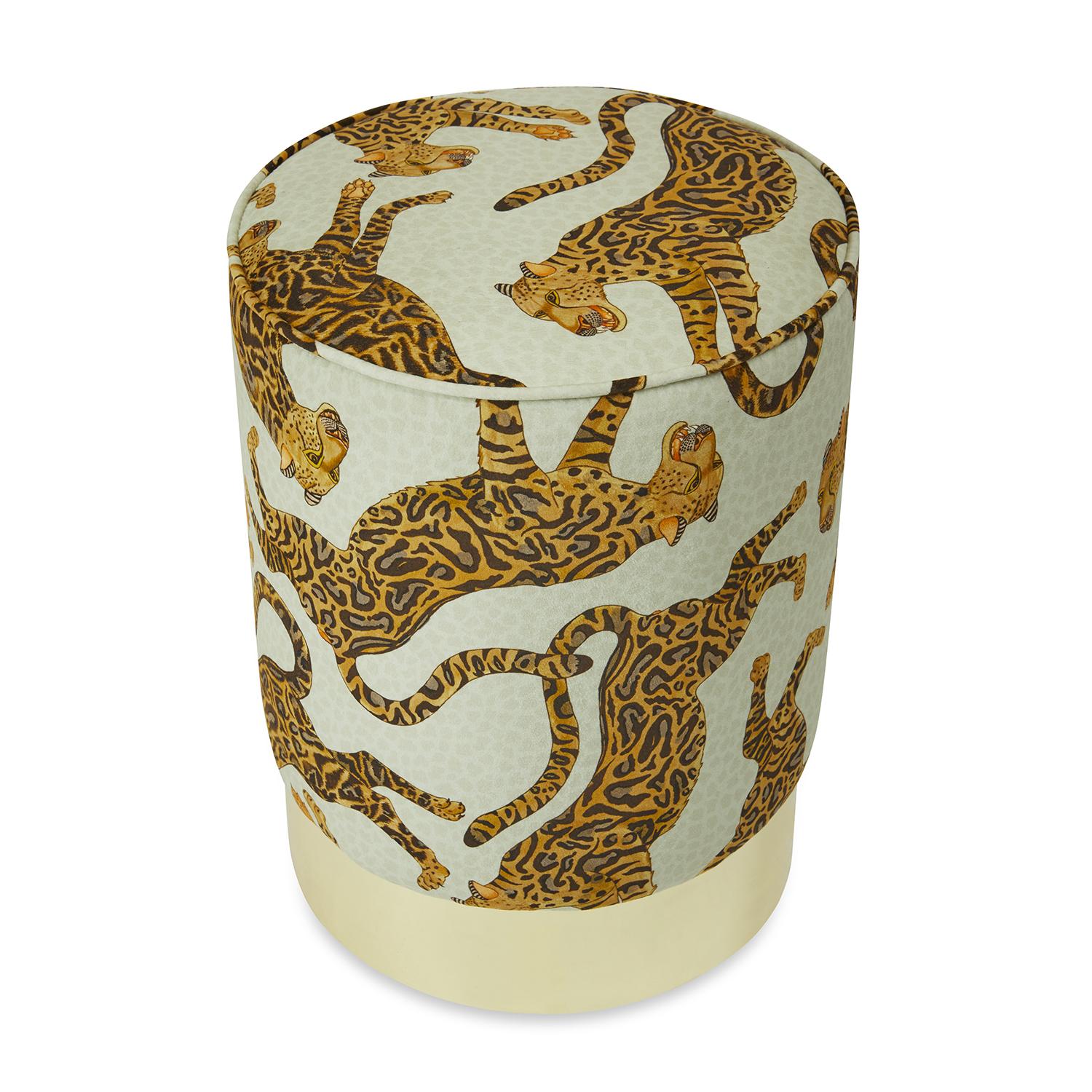 Cheetah Kings Velvet Pouf on Gold Base - Stone