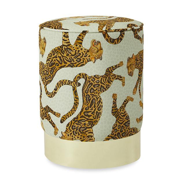 Cheetah Kings Velvet Pouf on Gold Base - Stone