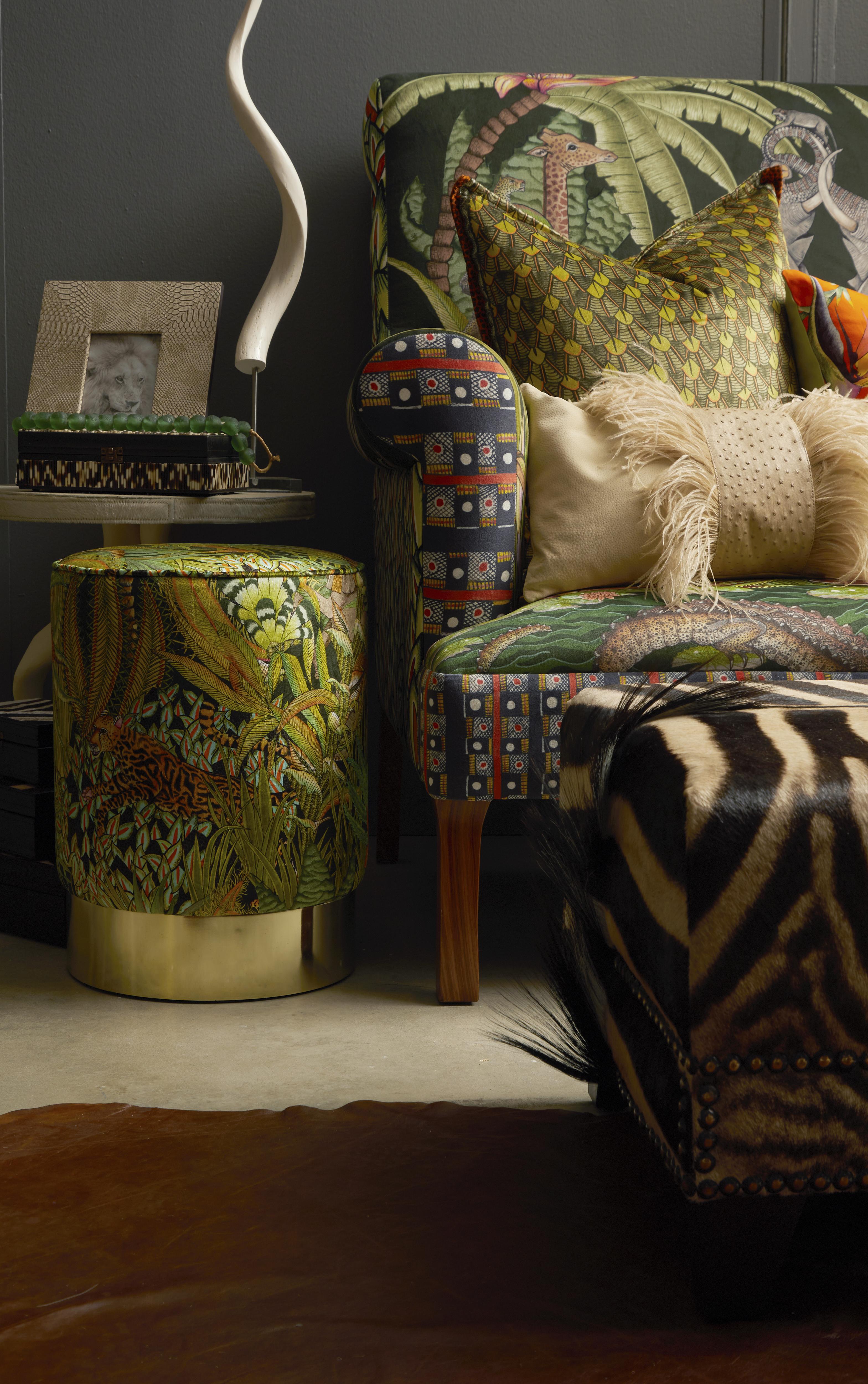 Sabie Forest Velvet Pouf on Gold Base - Delta