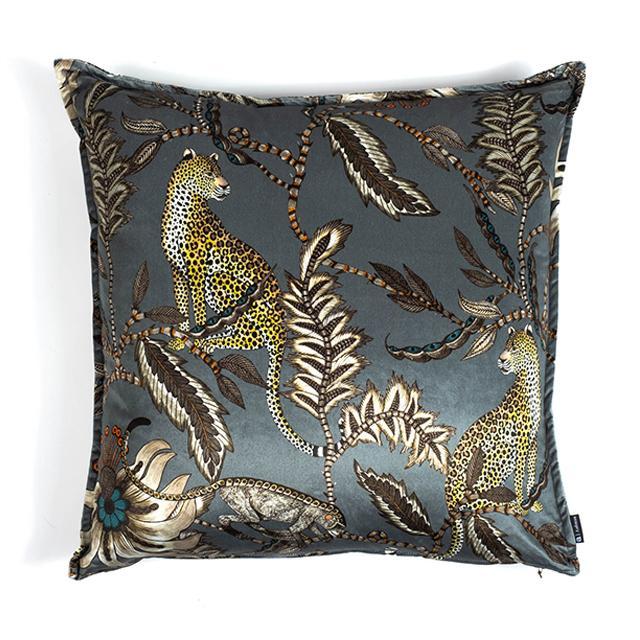 Handmade Grey Floral Printed Cushion Cover With Velvet Trim