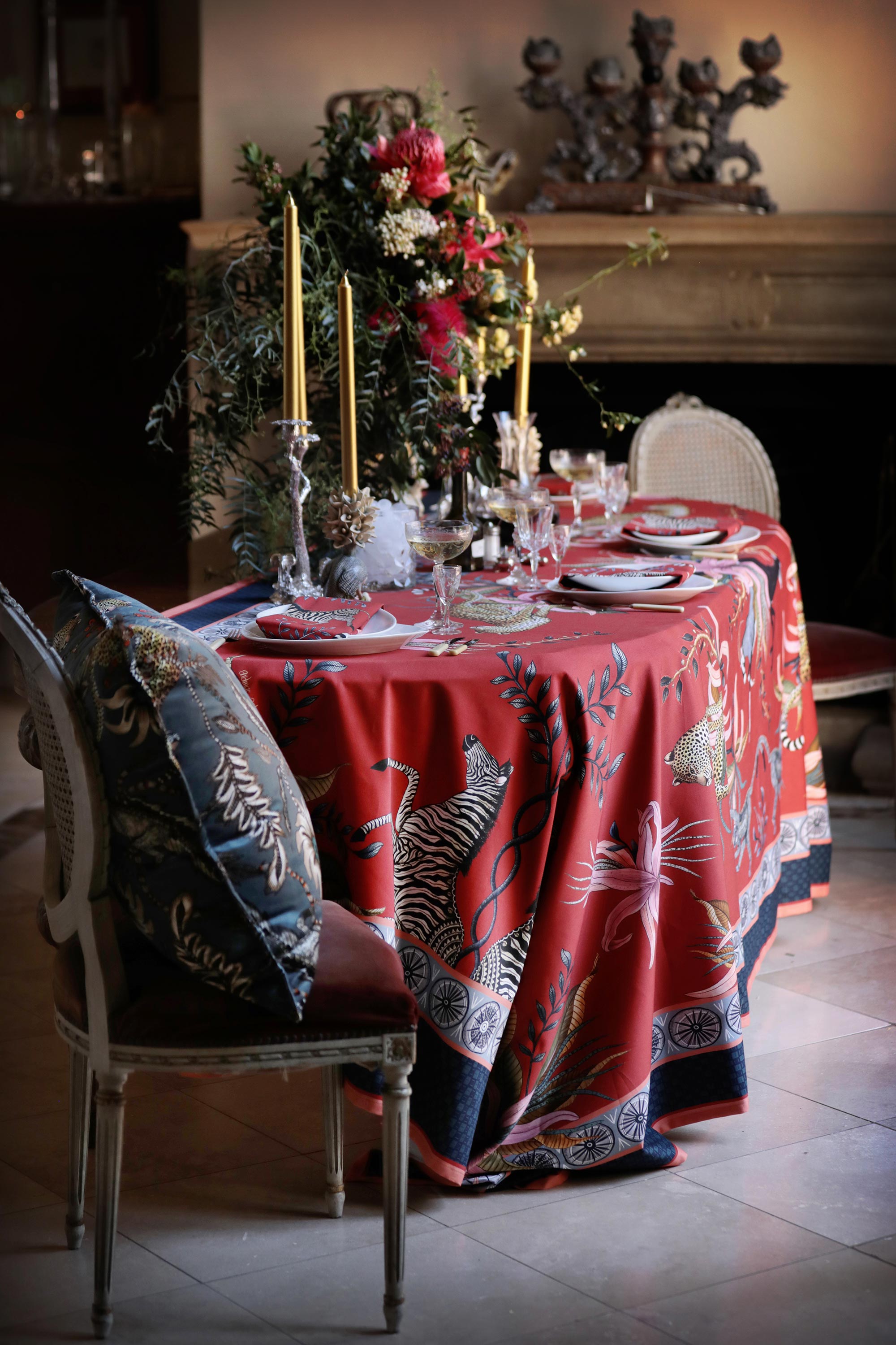 Leopard Lily Tablecloth - Cotton - Royal Red - Large