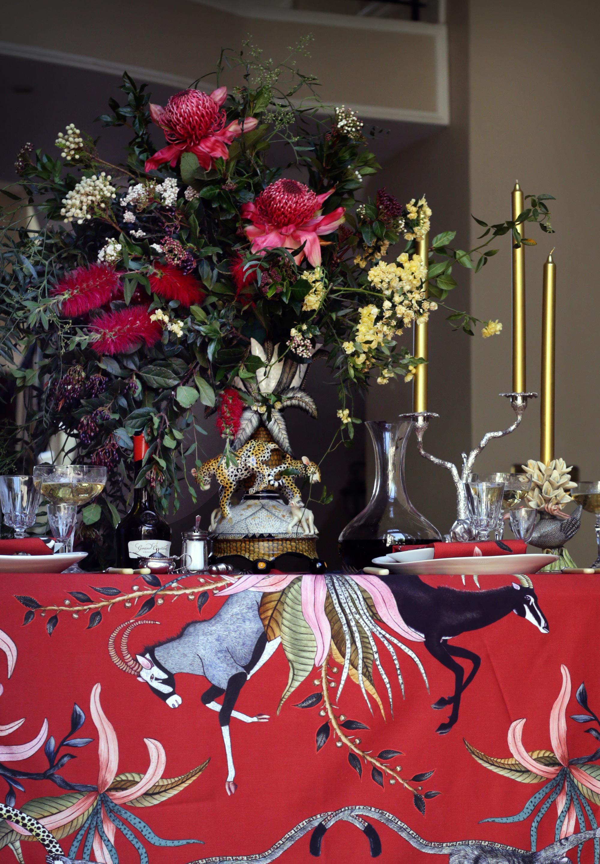 Leopard Lily Tablecloth - Cotton - Royal Red - Small