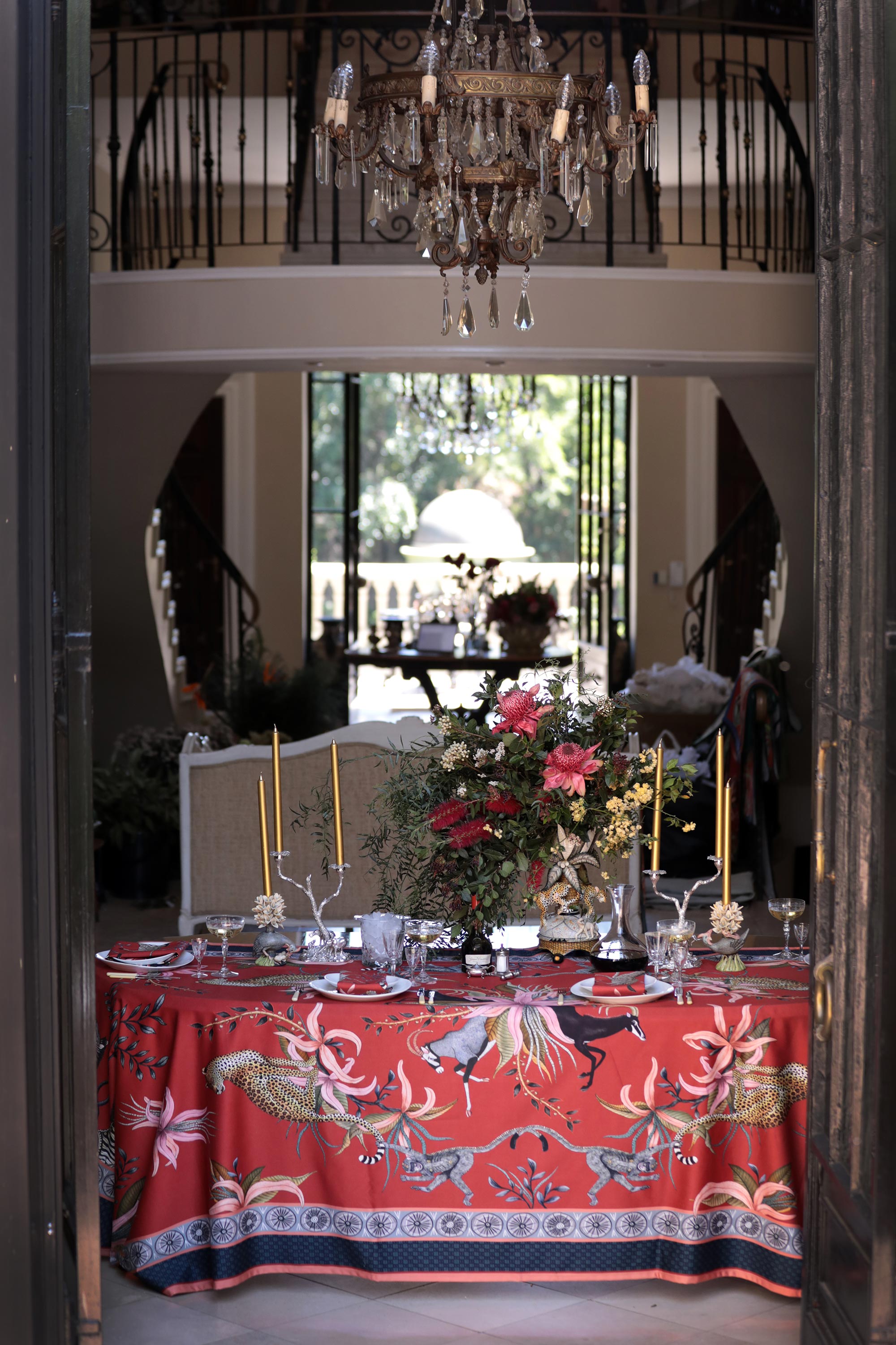 Leopard Lily Tablecloth - Cotton - Royal Red - Small