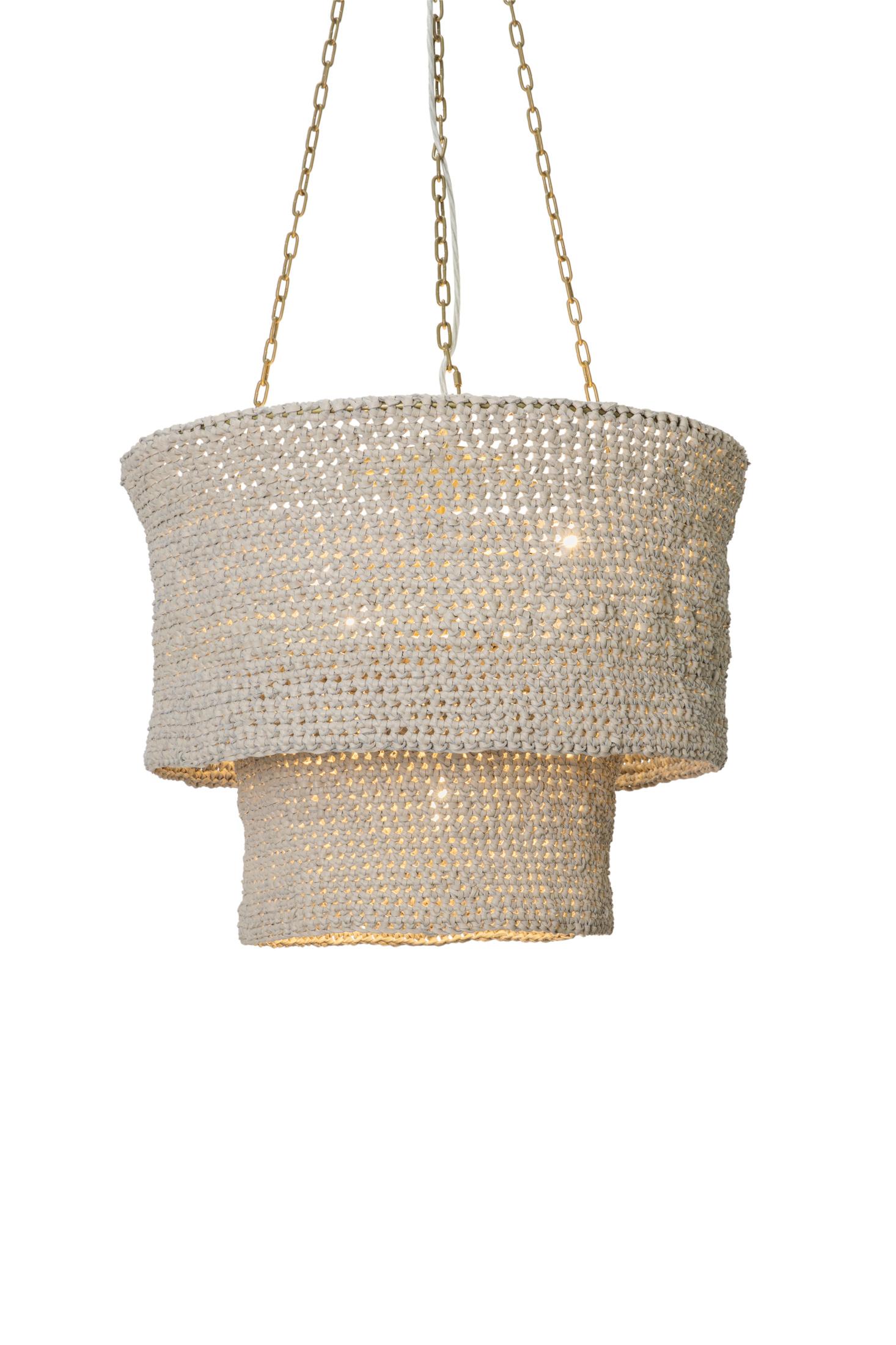 Kubili Crocheted Leather Tiered Chandelier in Cream-Stone Leather
