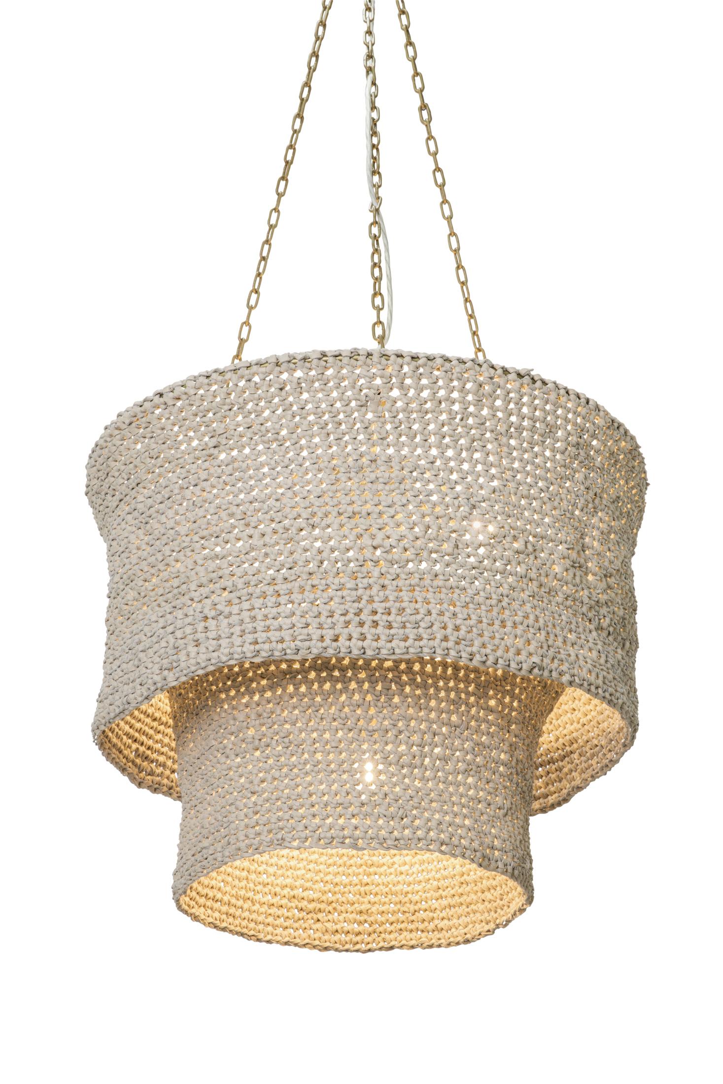 Kubili Crocheted Leather Tiered Chandelier in Cream-Stone Leather