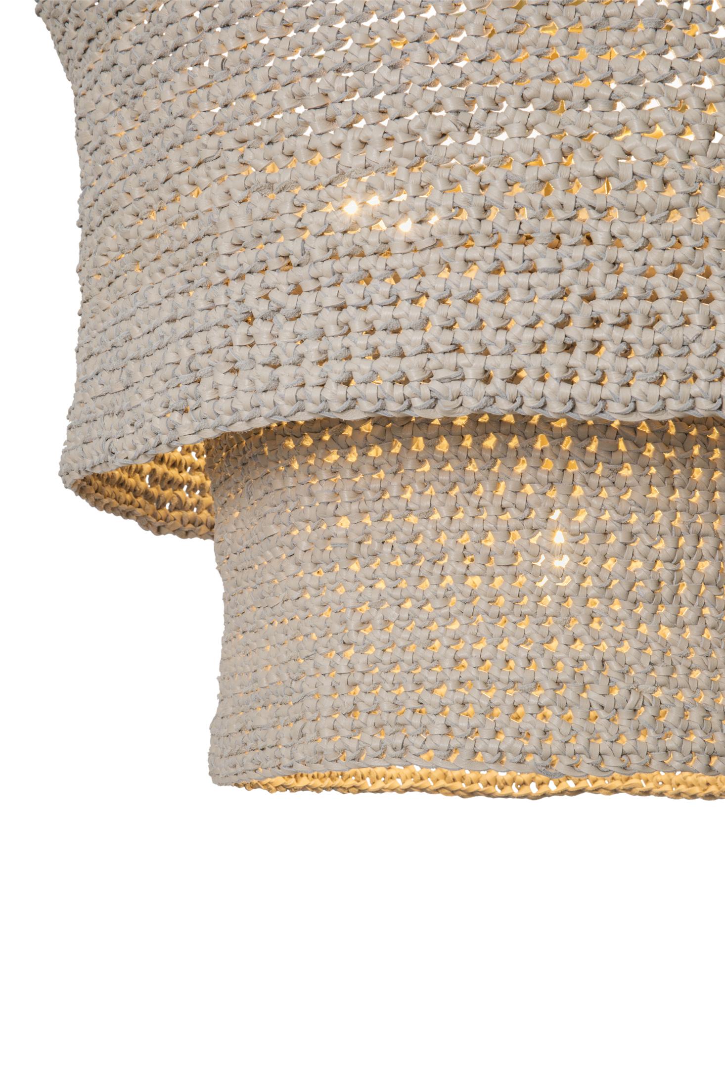 Kubili Crocheted Leather Tiered Chandelier in Cream-Stone Leather