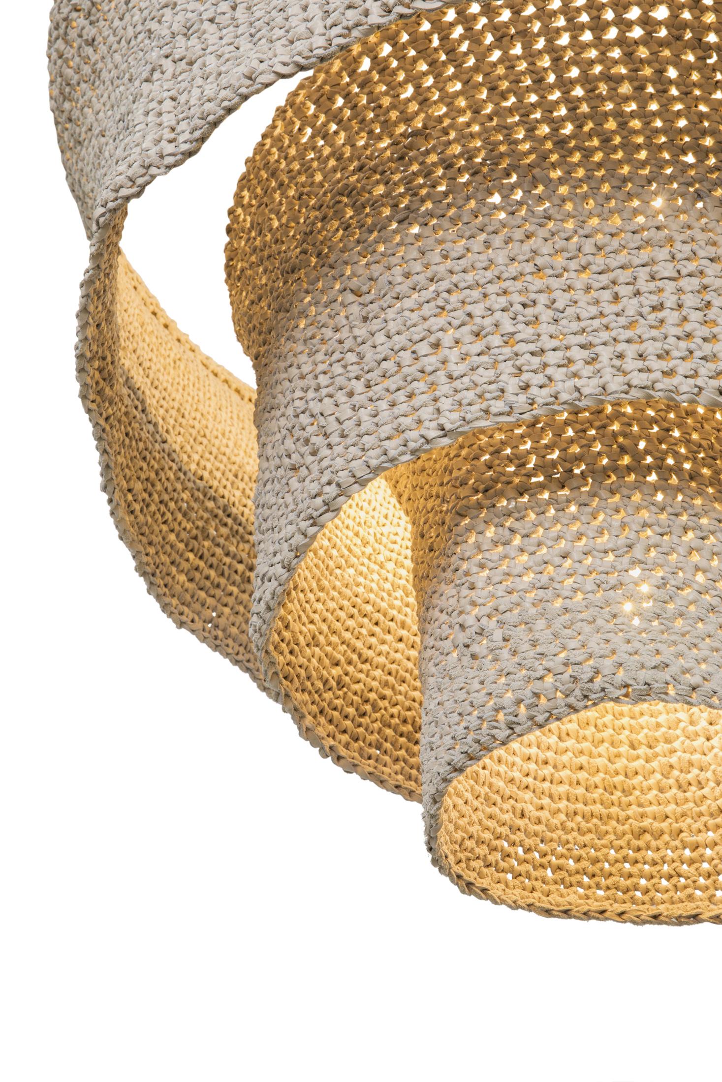 Tathu Crocheted Leather Tiered Chandelier in Cream-Stone Leather