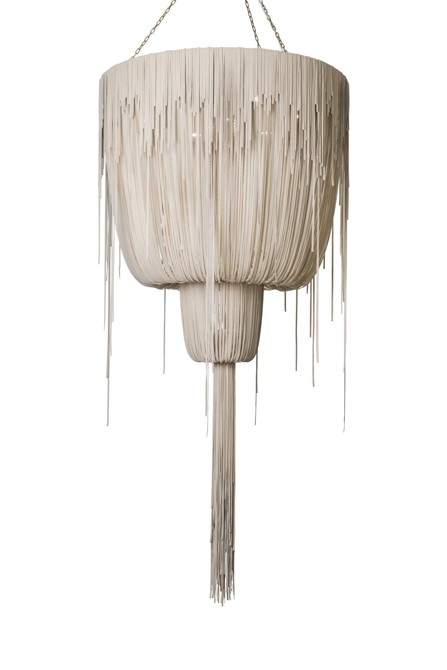 Large Round Double-Ball Urchin Leather Chandelier in Cream-Stone Leather