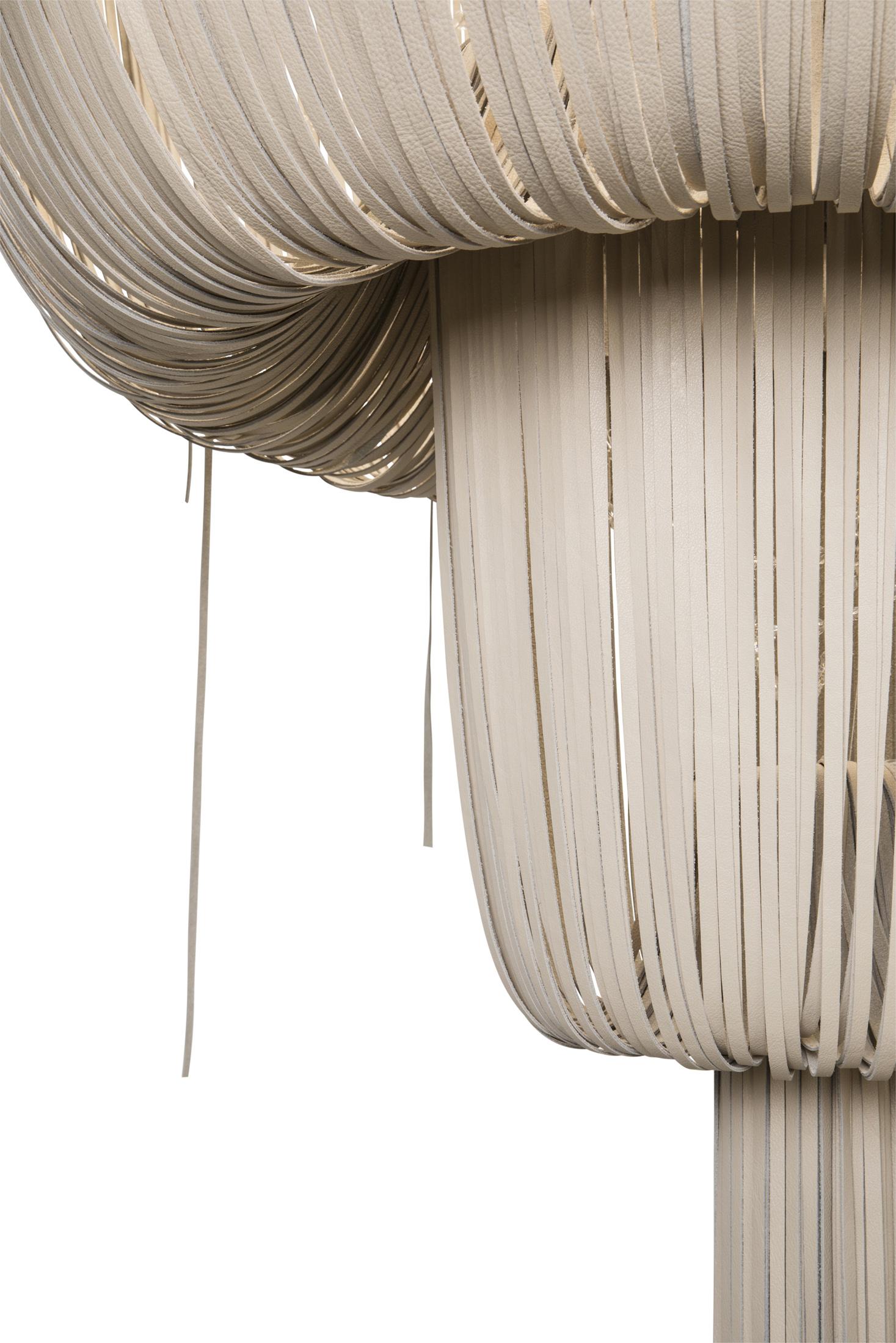 Large Round Double-Ball Urchin Leather Chandelier in Cream-Stone Leather