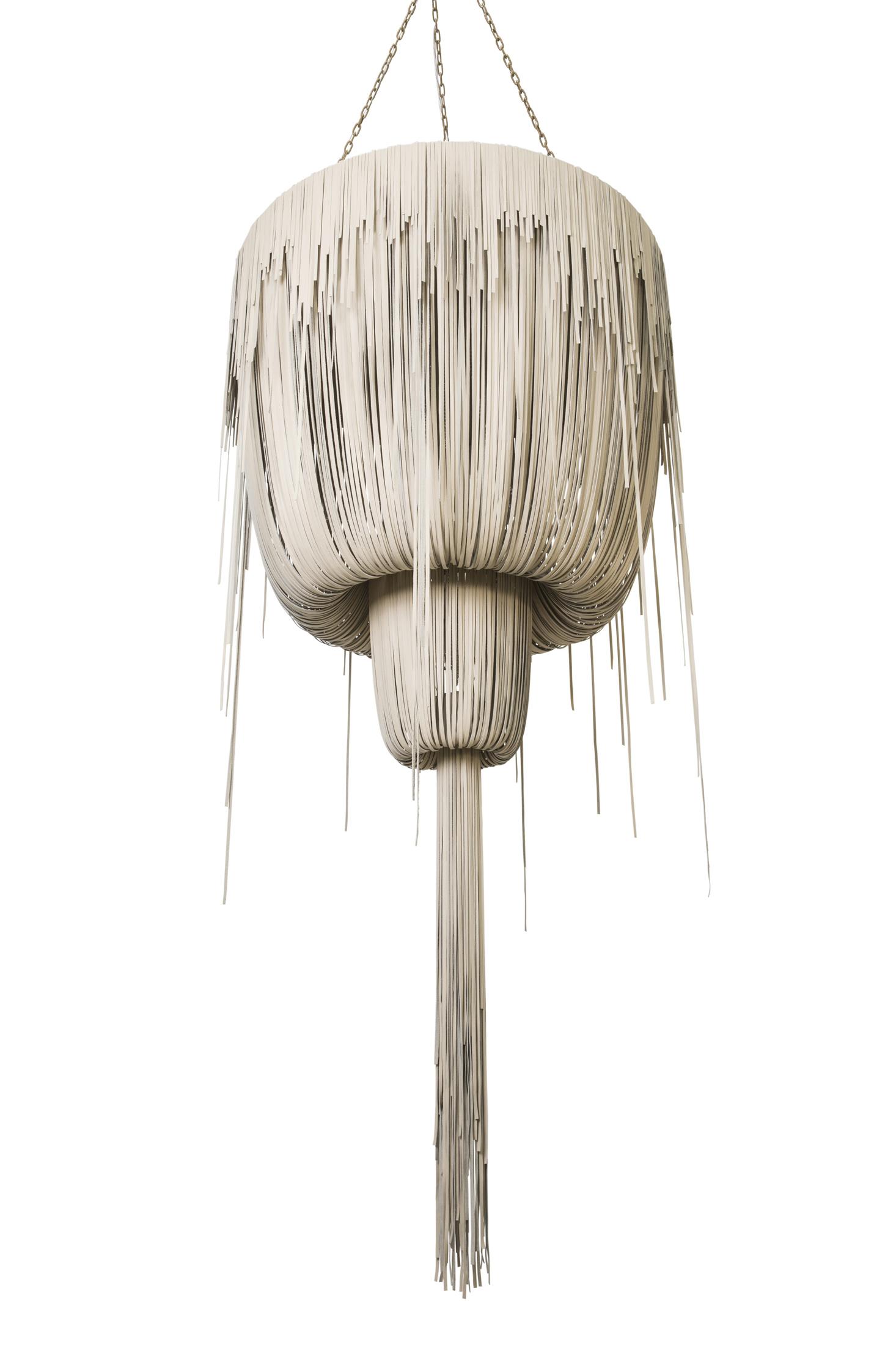 Large Round Double-Ball Urchin Leather Chandelier in Cream-Stone Leather