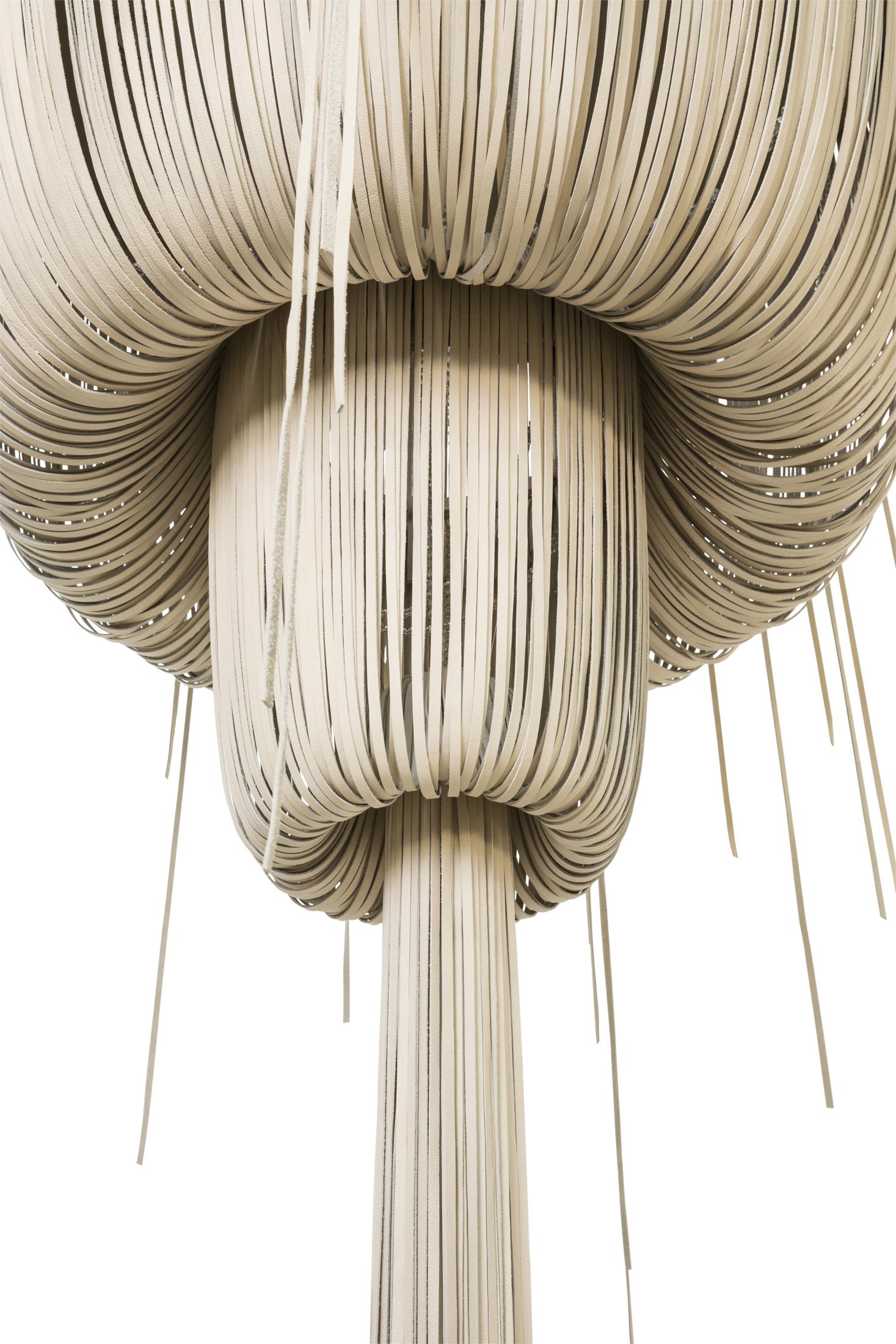 Large Round Double-Ball Urchin Leather Chandelier in Cream-Stone Leather