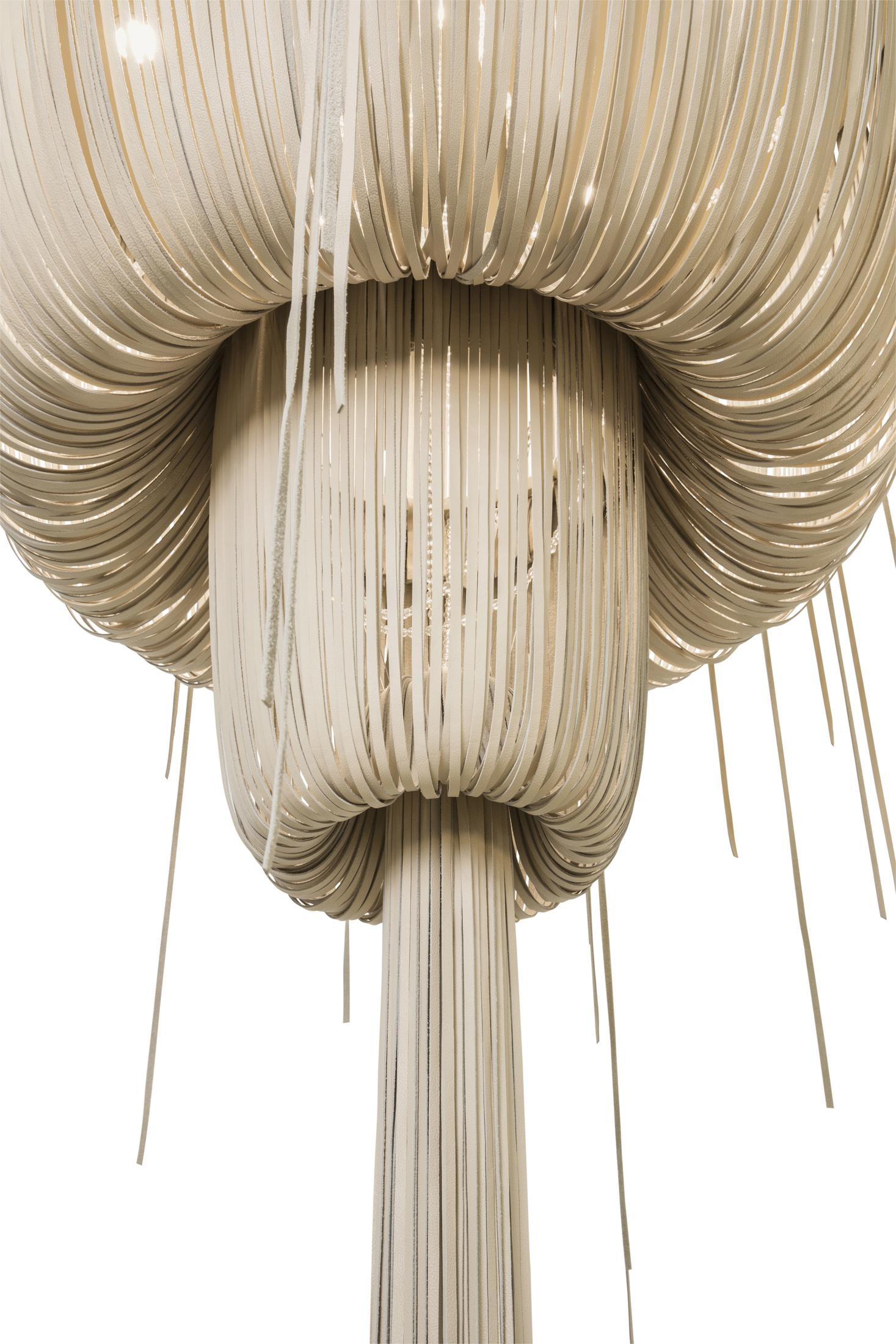 Large Round Double-Ball Urchin Leather Chandelier in Cream-Stone Leather