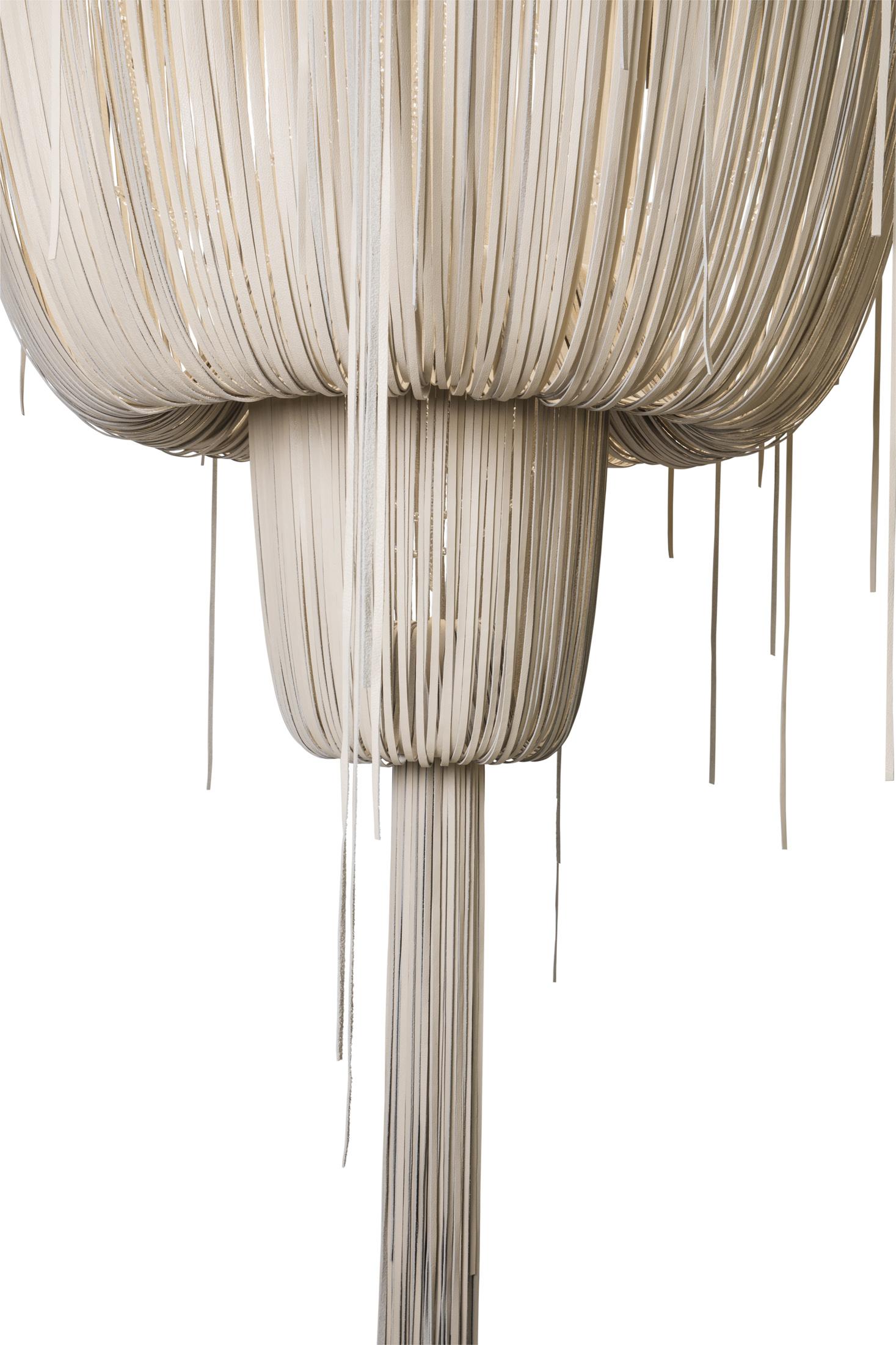 Large Round Double-Ball Urchin Leather Chandelier in Cream-Stone Leather
