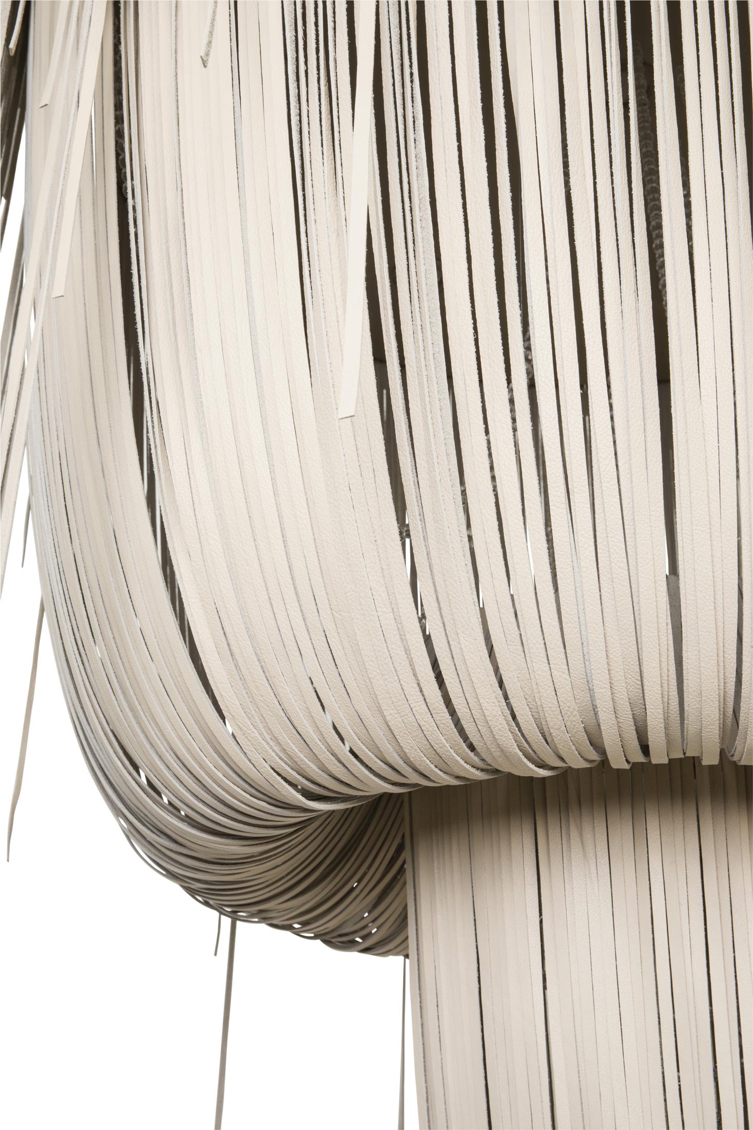 Large Round Double-Ball Urchin Leather Chandelier in Cream-Stone Leather