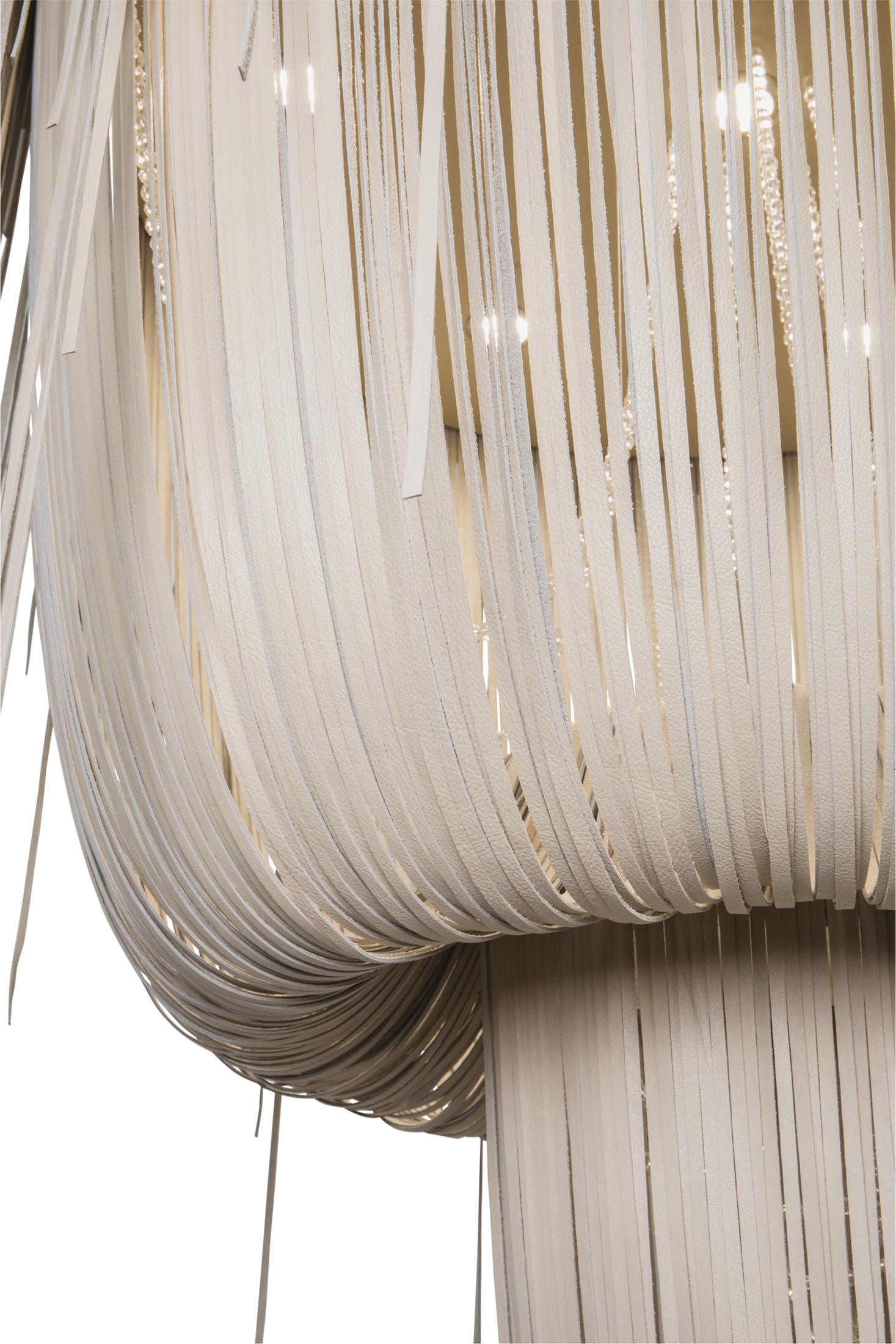 Large Round Double-Ball Urchin Leather Chandelier in Cream-Stone Leather