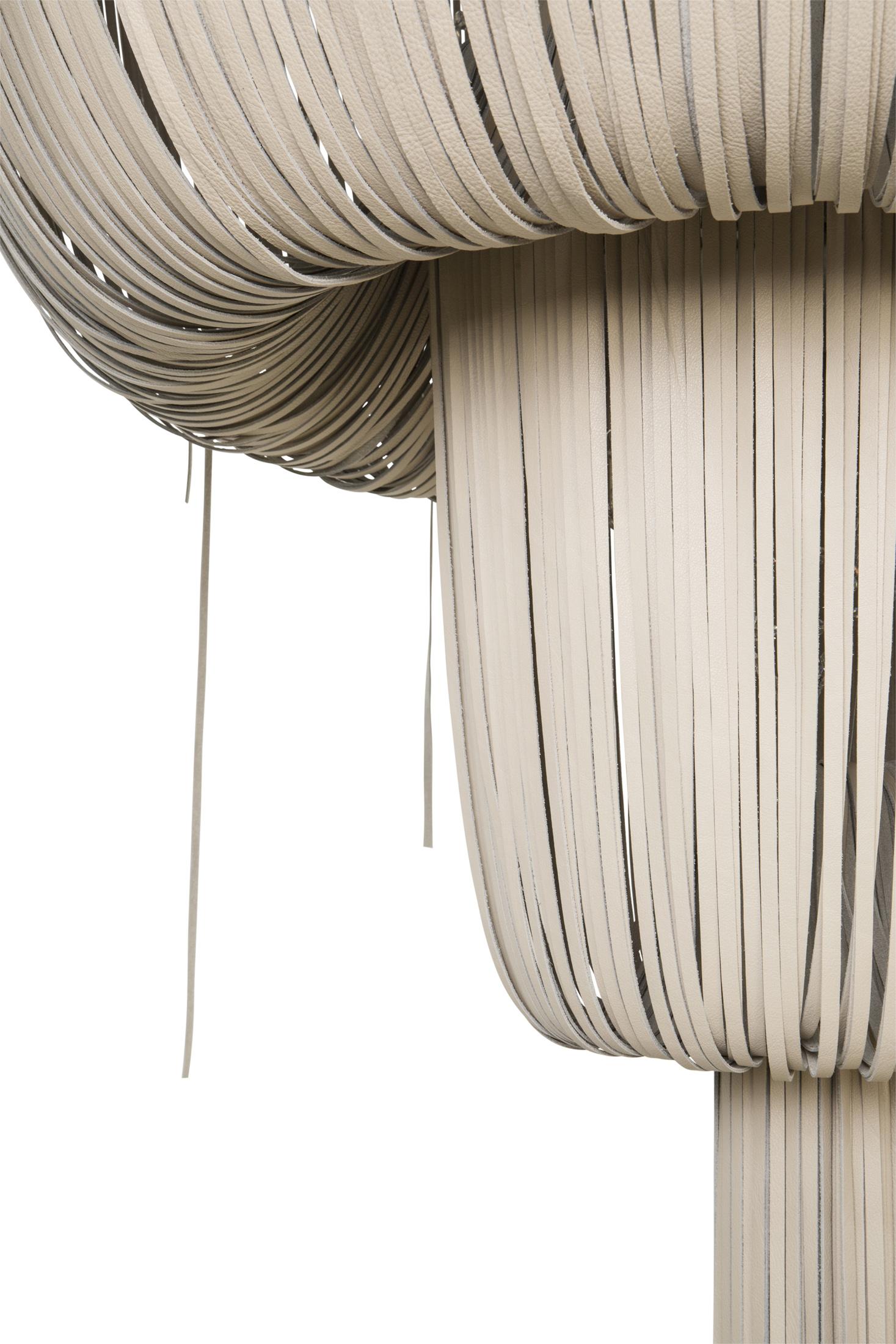 Large Round Double-Ball Urchin Leather Chandelier in Cream-Stone Leather