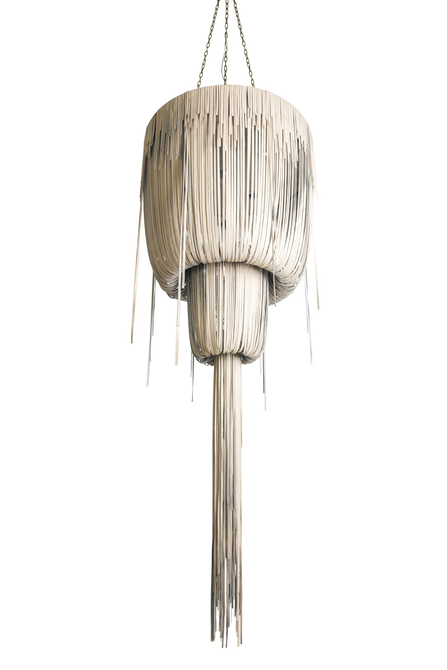 Medium Round Double-Ball Urchin Leather Chandelier in Cream-Stone Leather