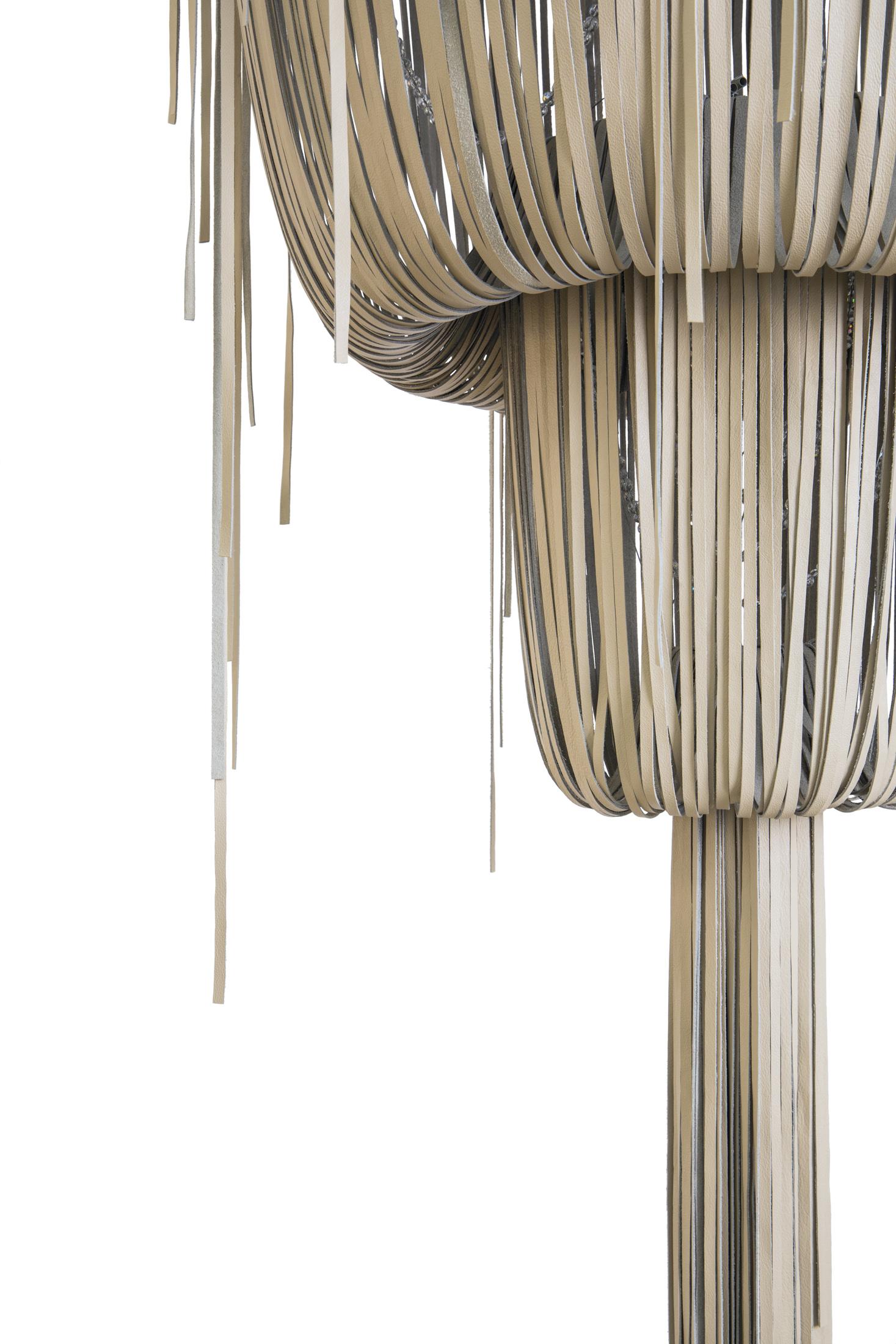 Medium Round Double-Ball Urchin Leather Chandelier in Cream-Stone Leather