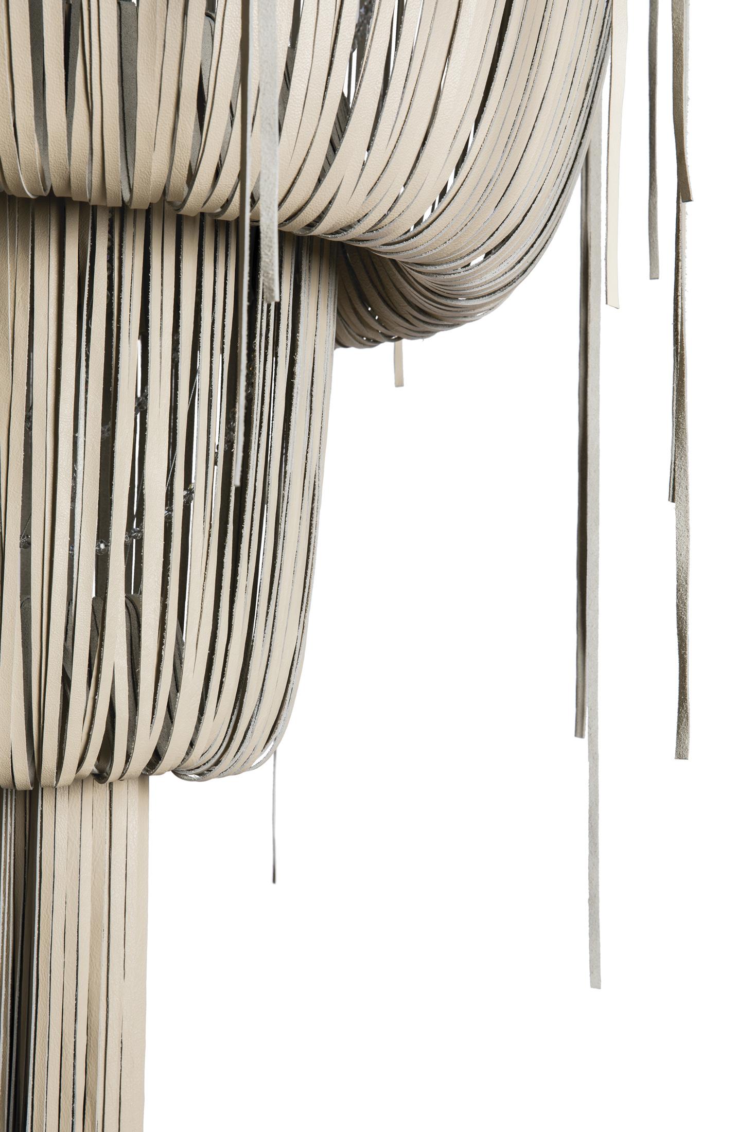 Medium Round Double-Ball Urchin Leather Chandelier in Cream-Stone Leather