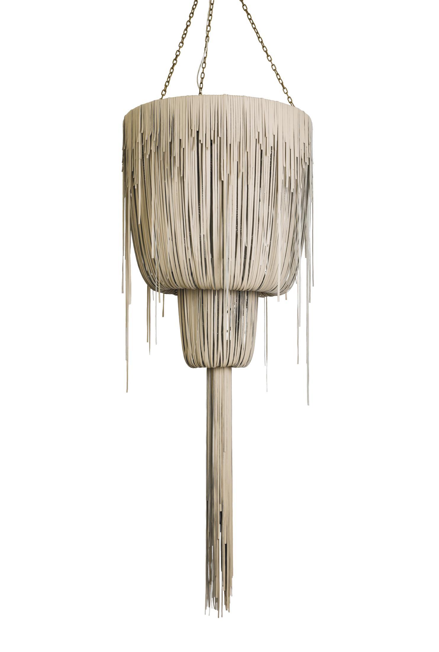Medium Round Double-Ball Urchin Leather Chandelier in Cream-Stone Leather