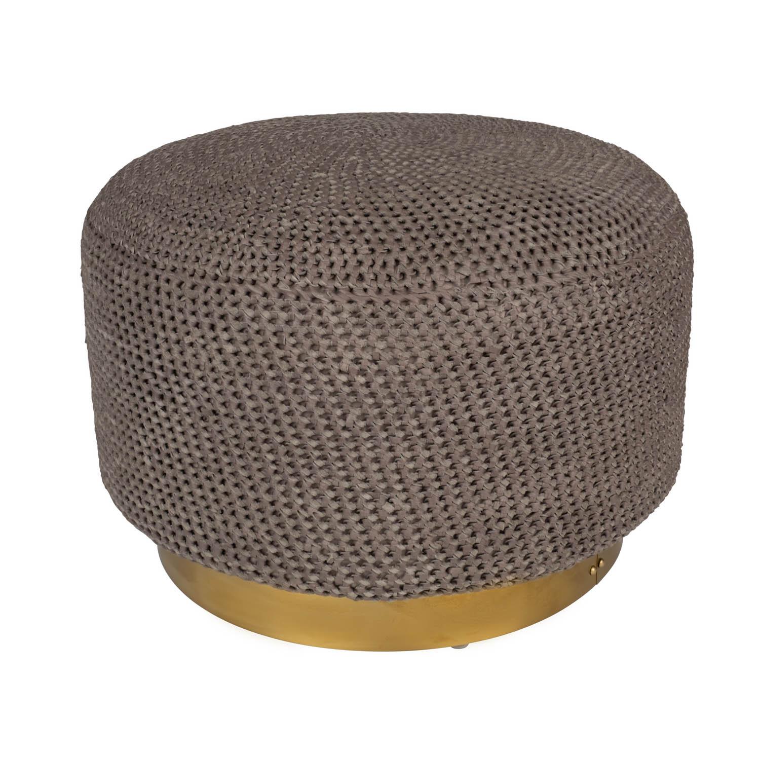 Crocheted Leather Round Ottoman on Brass Base