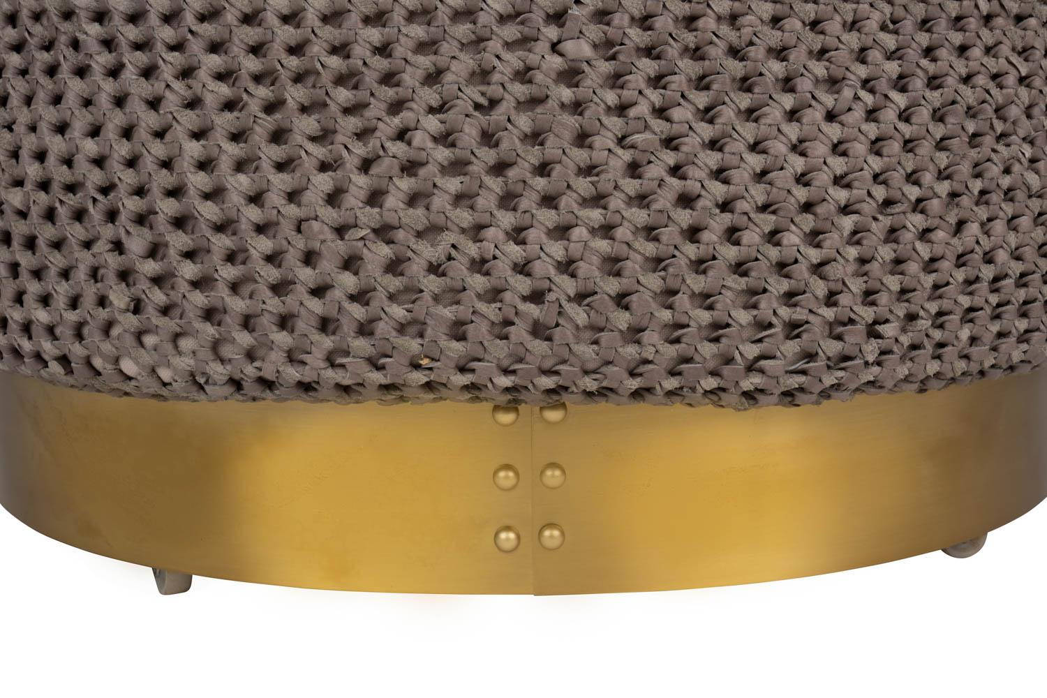 Crocheted Leather Round Ottoman on Brass Base