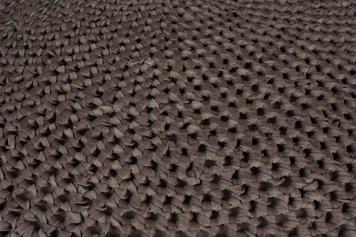 Crocheted Leather Round Ottoman on Brass Base