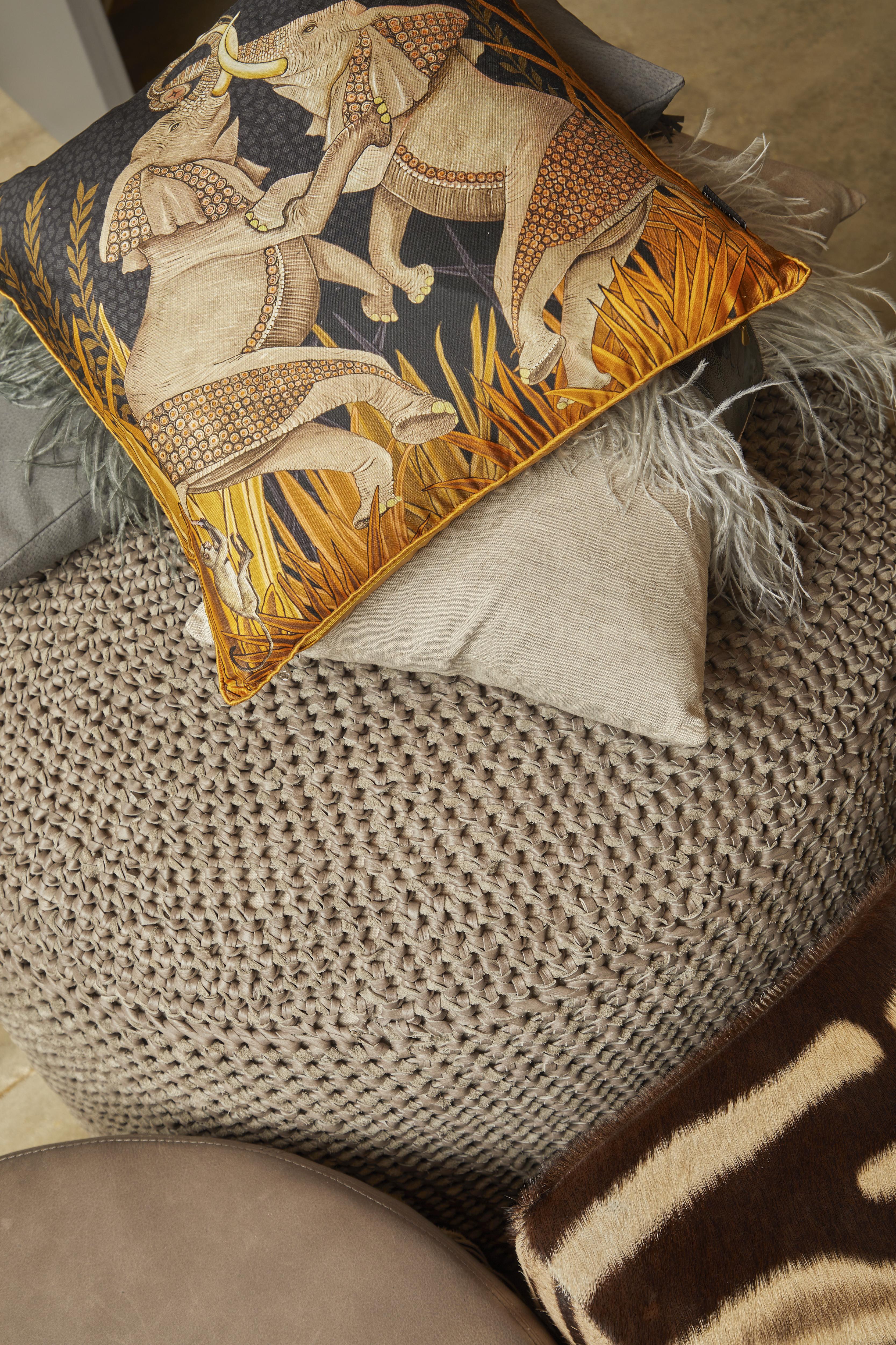 Crocheted Leather Round Ottoman on Brass Base