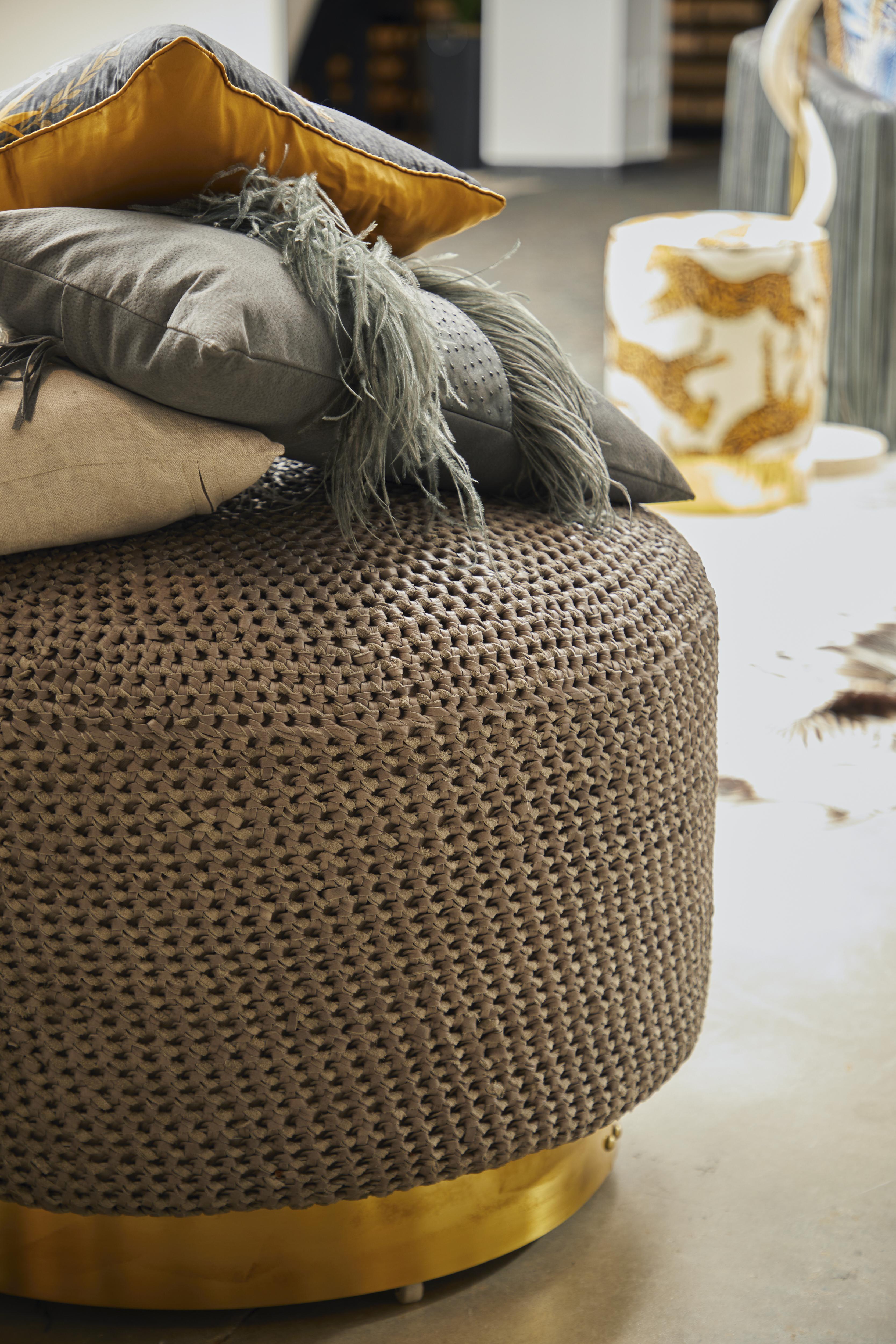 Crocheted Leather Round Ottoman on Brass Base