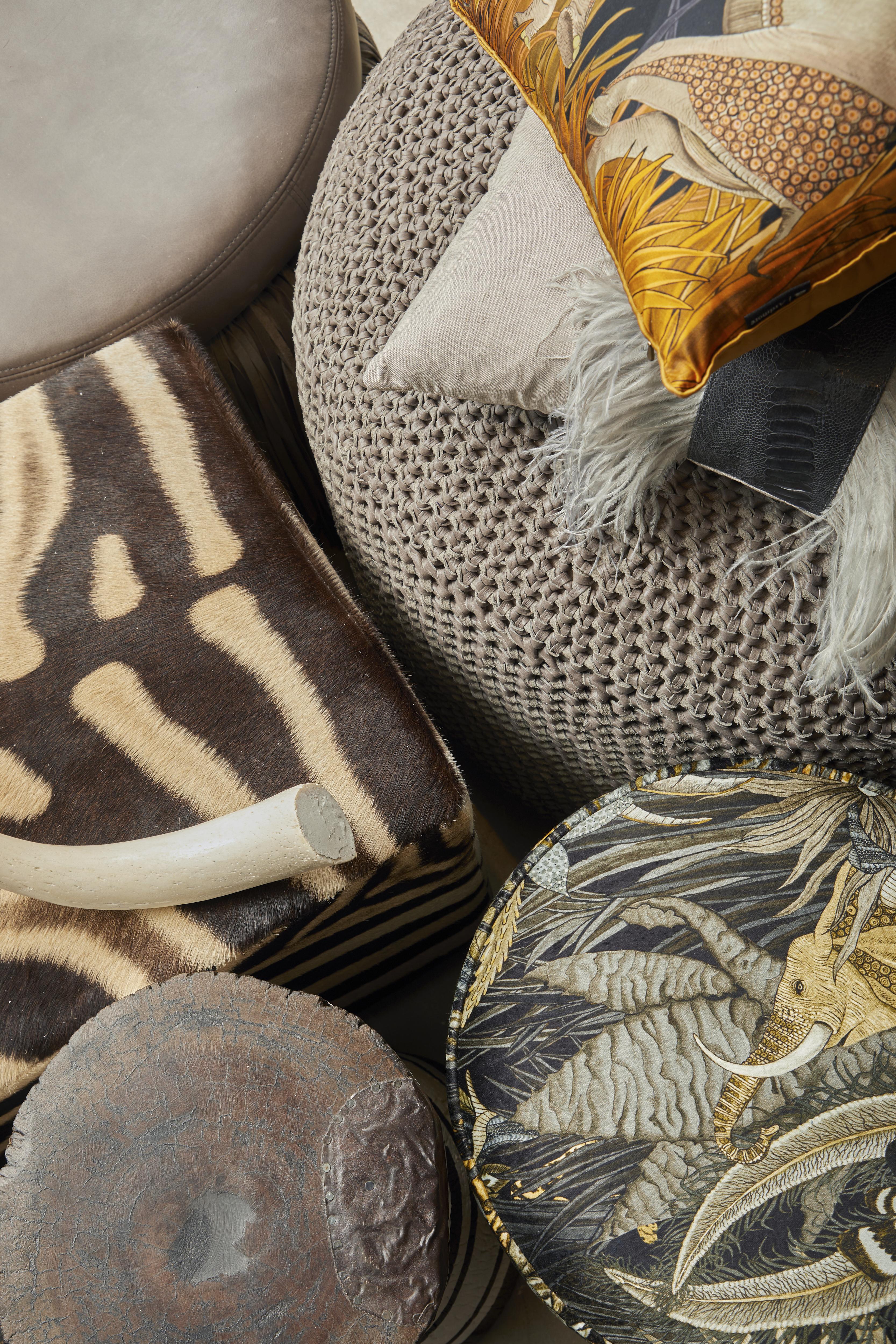Crocheted Leather Round Ottoman on Brass Base