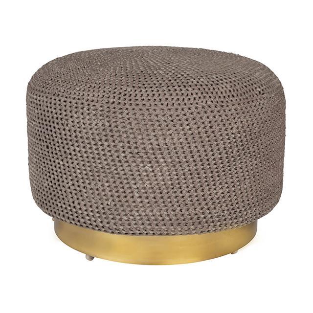 Crocheted Leather Round Ottoman on Brass Base