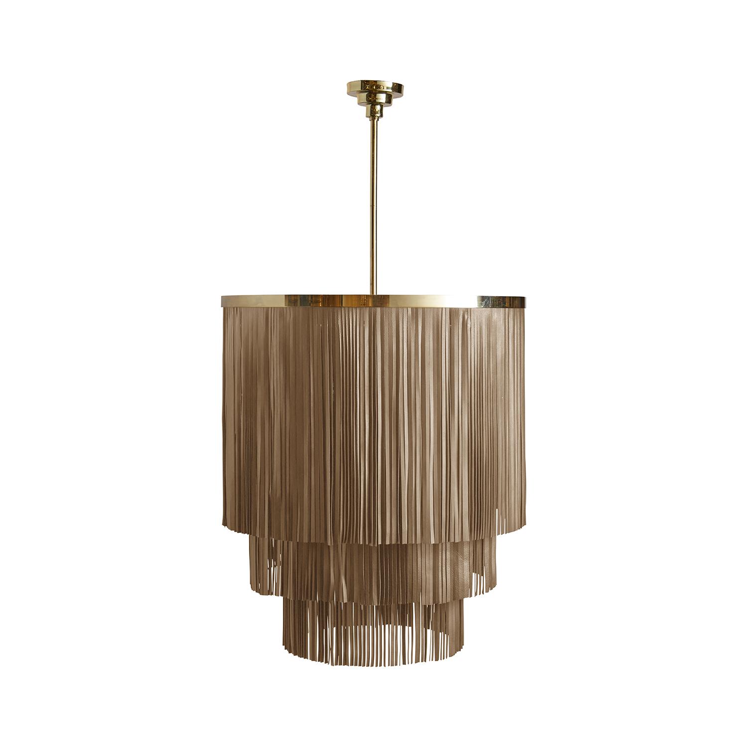 Small NeKeia Leather Chandelier in Brass Finish and Metallic Leather