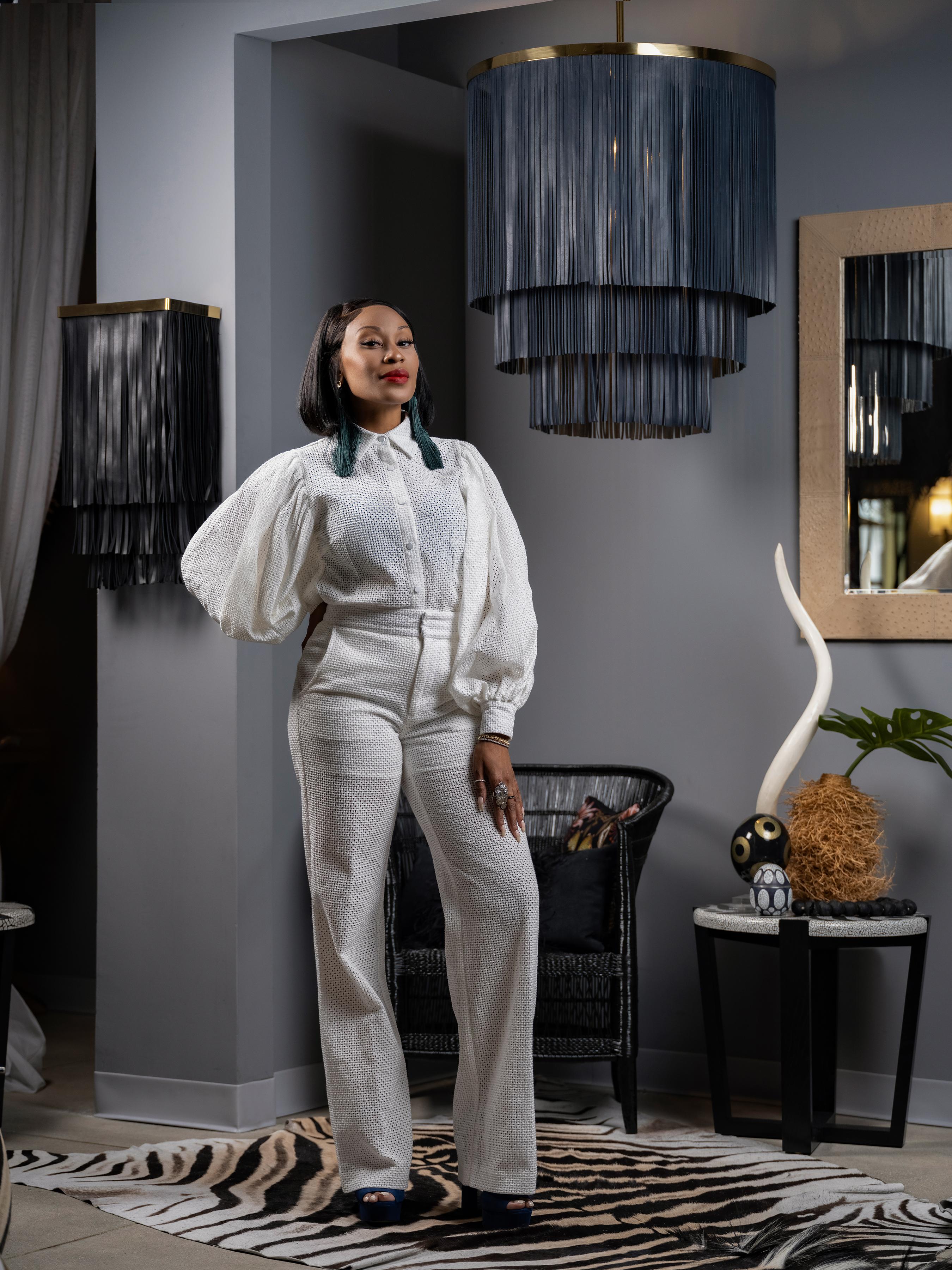 Small NeKeia Leather Chandelier in Brass Finish and Premium Leather