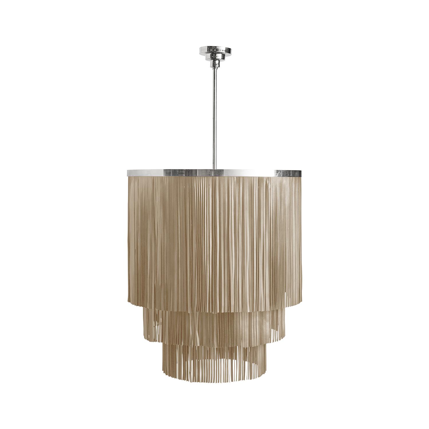 Small NeKeia Leather Chandelier in Nickel Finish and Cream-Stone Leather
