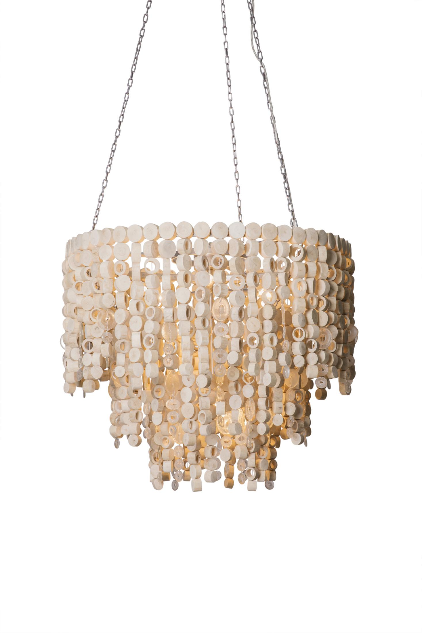 Round Wood Disc Chandelier in Natural Finish with Recycled Glass