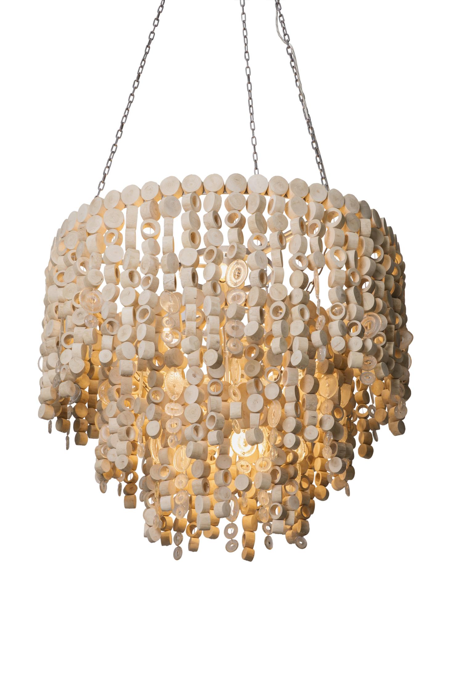 Large Round Wood Disc Chandelier in Natural Finish with Recycled Glass