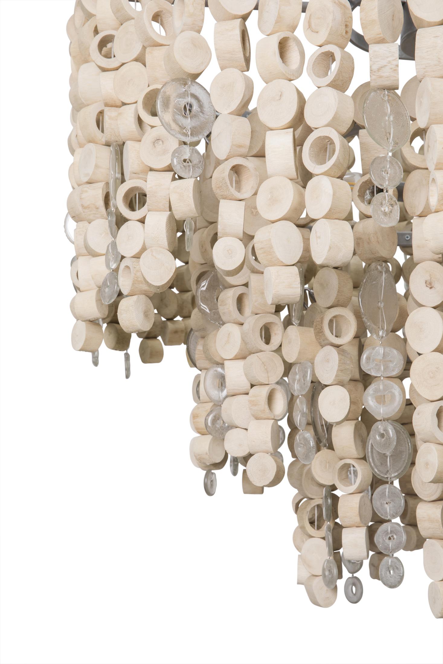 Large Round Wood Disc Chandelier in Natural Finish with Recycled Glass