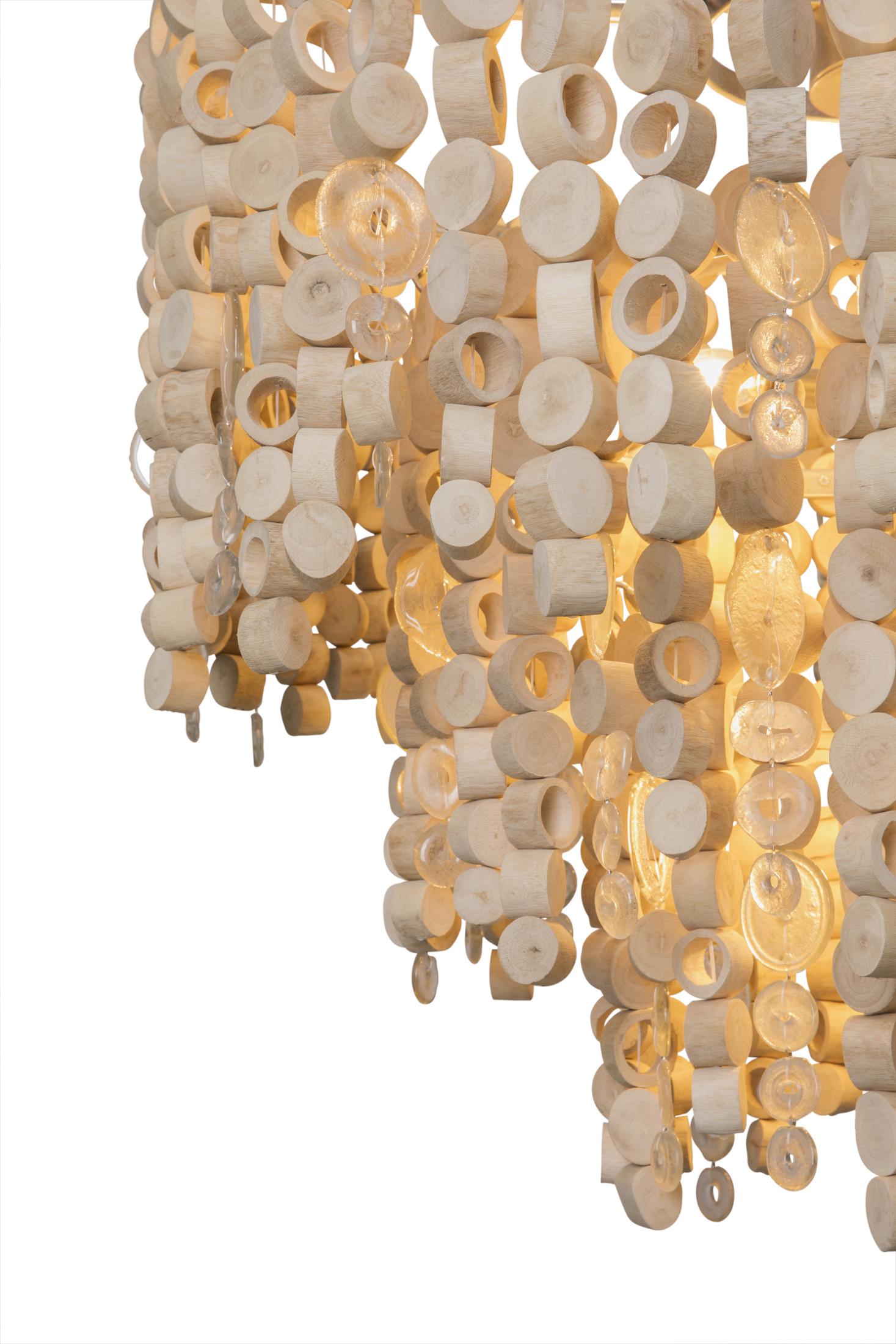 Large Round Wood Disc Chandelier in Natural Finish with Recycled Glass
