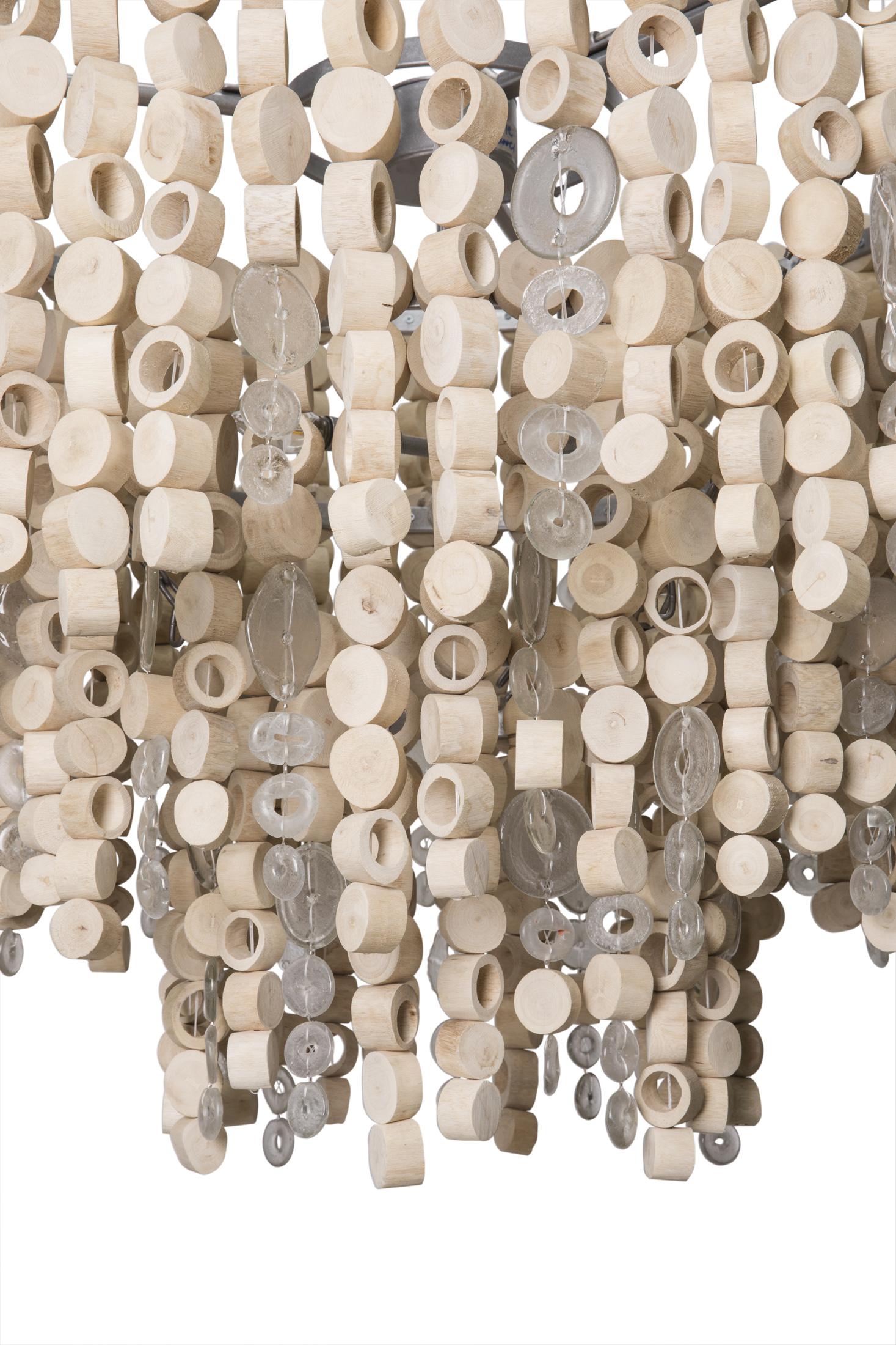 Round Wood Disc Chandelier in Natural Finish with Recycled Glass