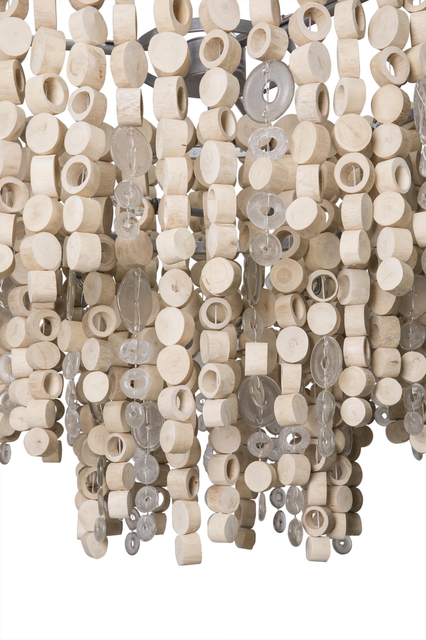 Large Round Wood Disc Chandelier in Natural Finish with Recycled Glass