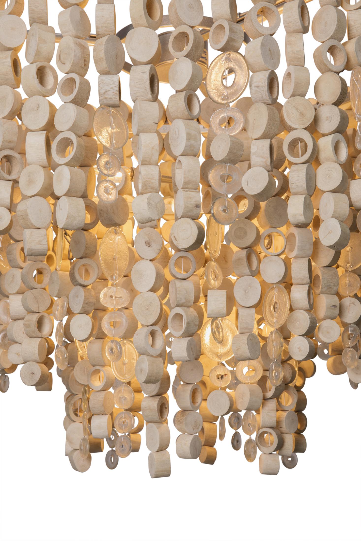 Large Round Wood Disc Chandelier in Natural Finish with Recycled Glass