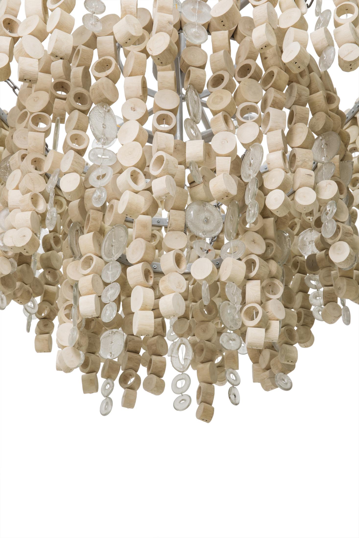 Large Round Wood Disc Chandelier in Natural Finish with Recycled Glass