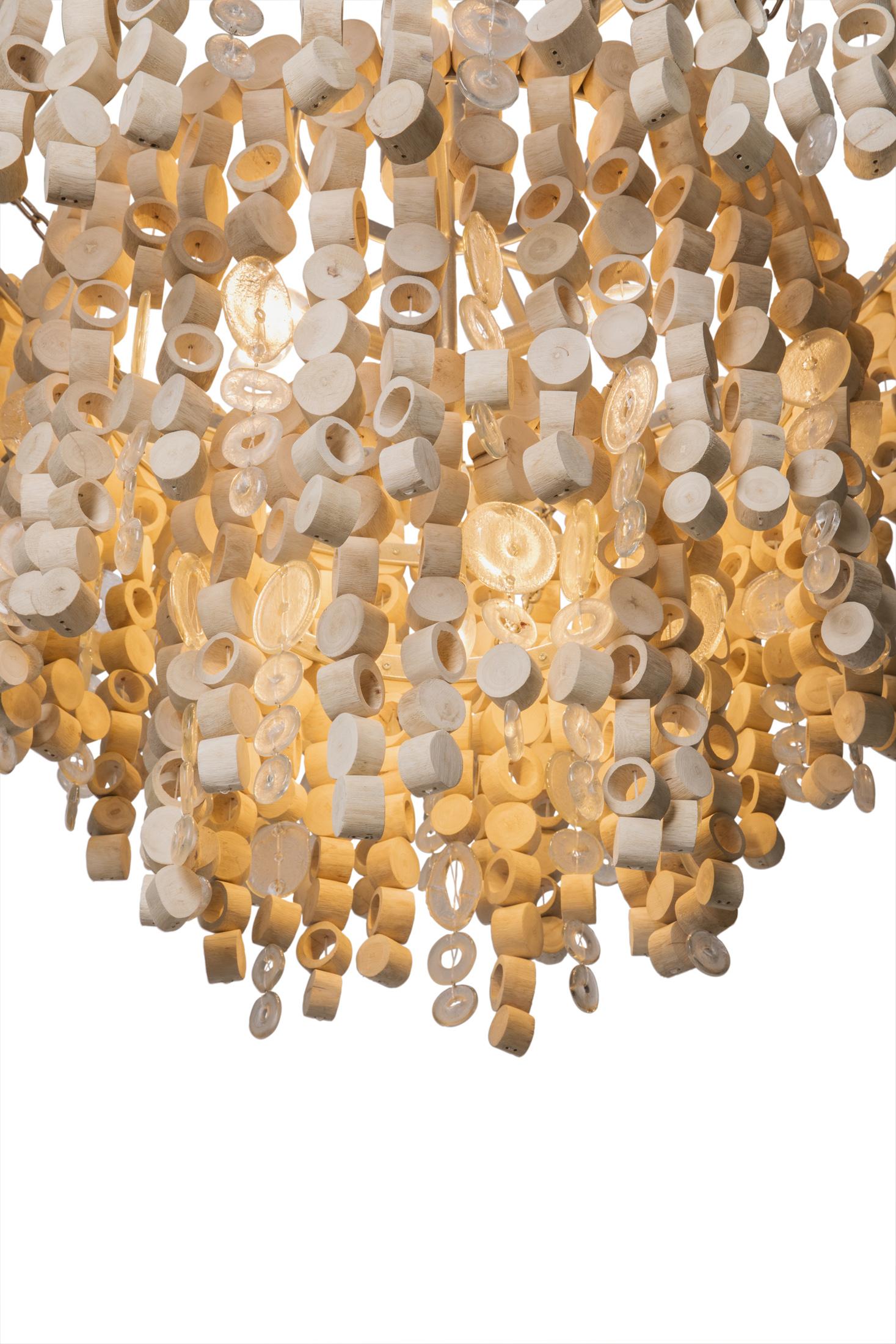Large Round Wood Disc Chandelier in Natural Finish with Recycled Glass