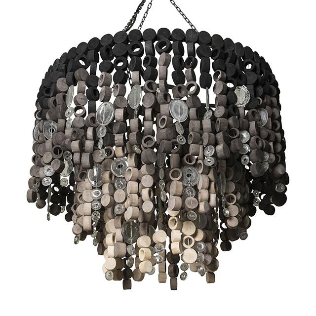 Round Wood Disc Chandelier in Ombre Finish with Recycled Glass