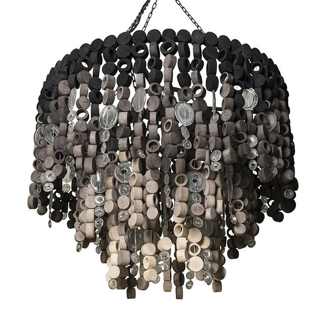 Large Round Wood Disc Chandelier in Ombre Finish with Recycled Glass