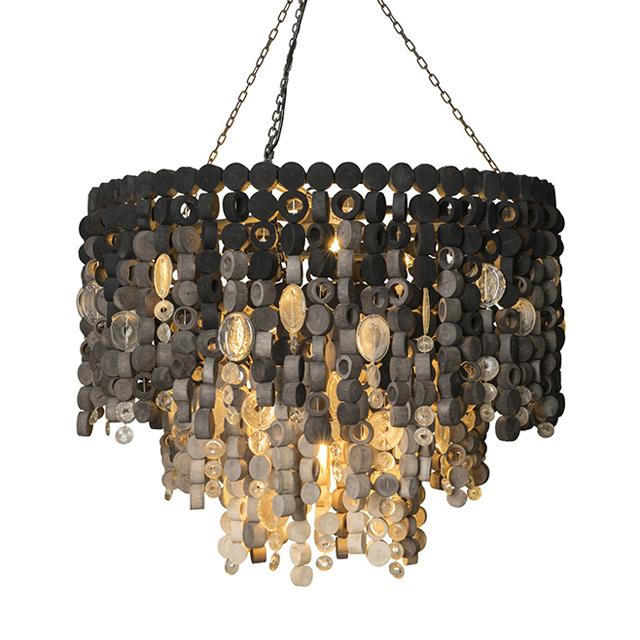 Large Round Wood Disc Chandelier in Ombre Finish with Recycled Glass