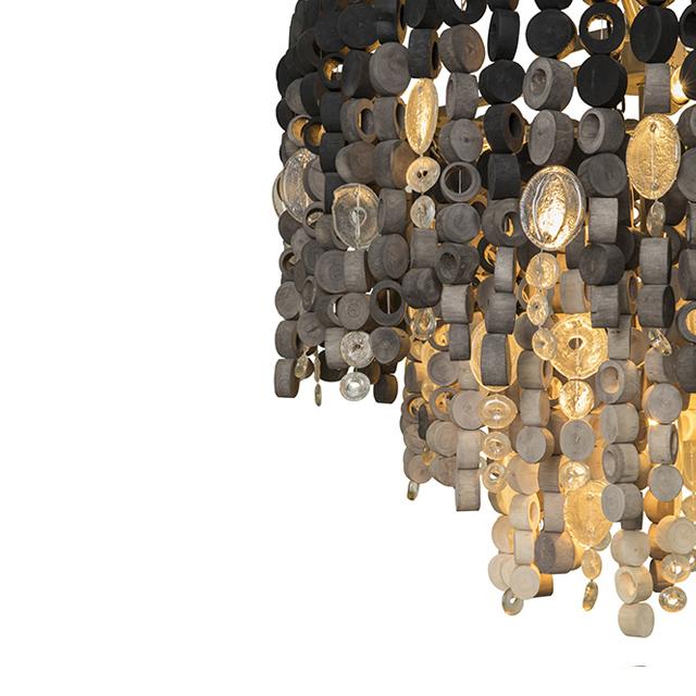 Large Round Wood Disc Chandelier in Ombre Finish with Recycled Glass