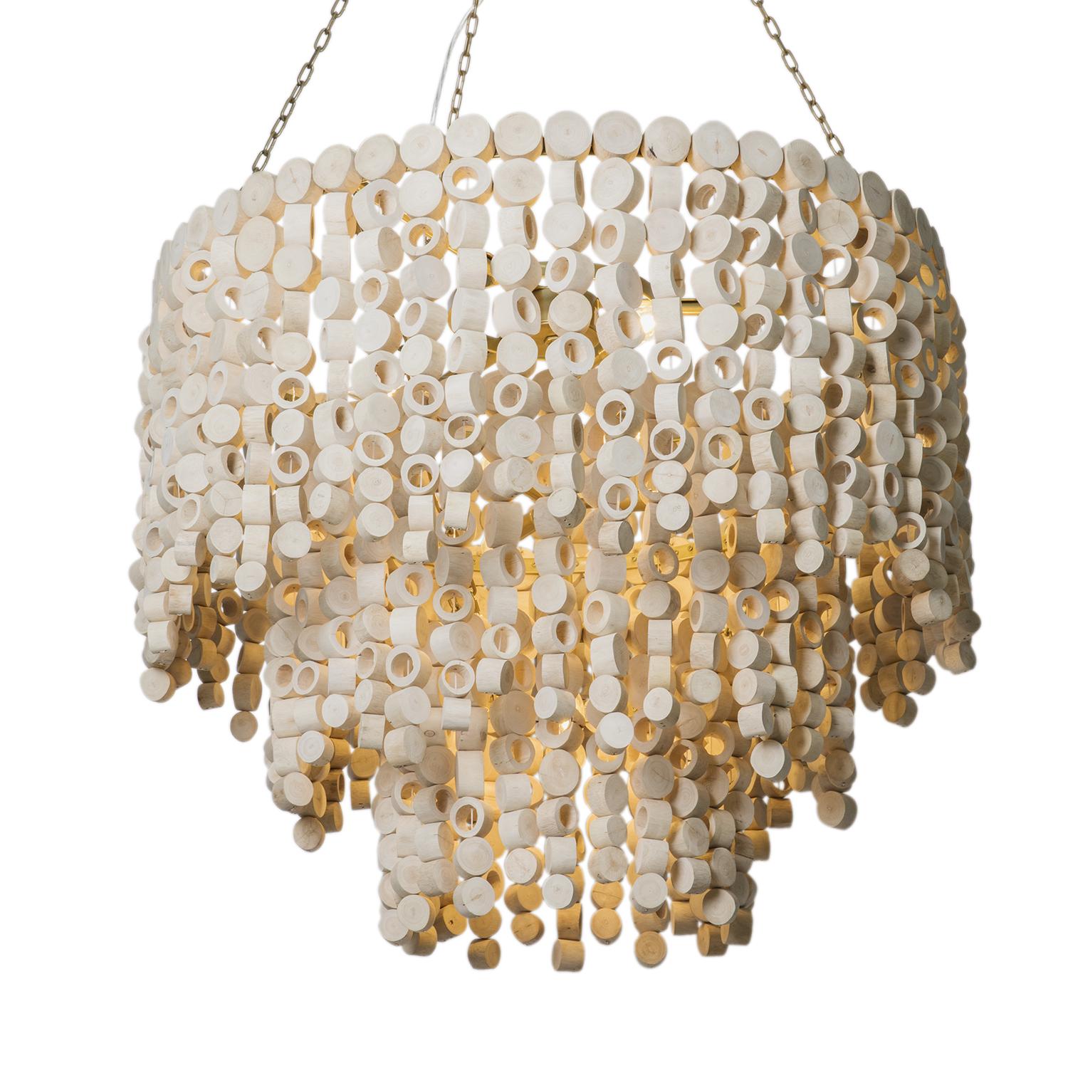 Large Round Wood Disc Chandelier in Natural Finish
