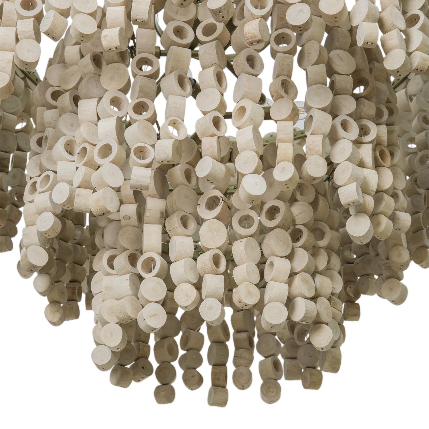Large Round Wood Disc Chandelier in Natural Finish